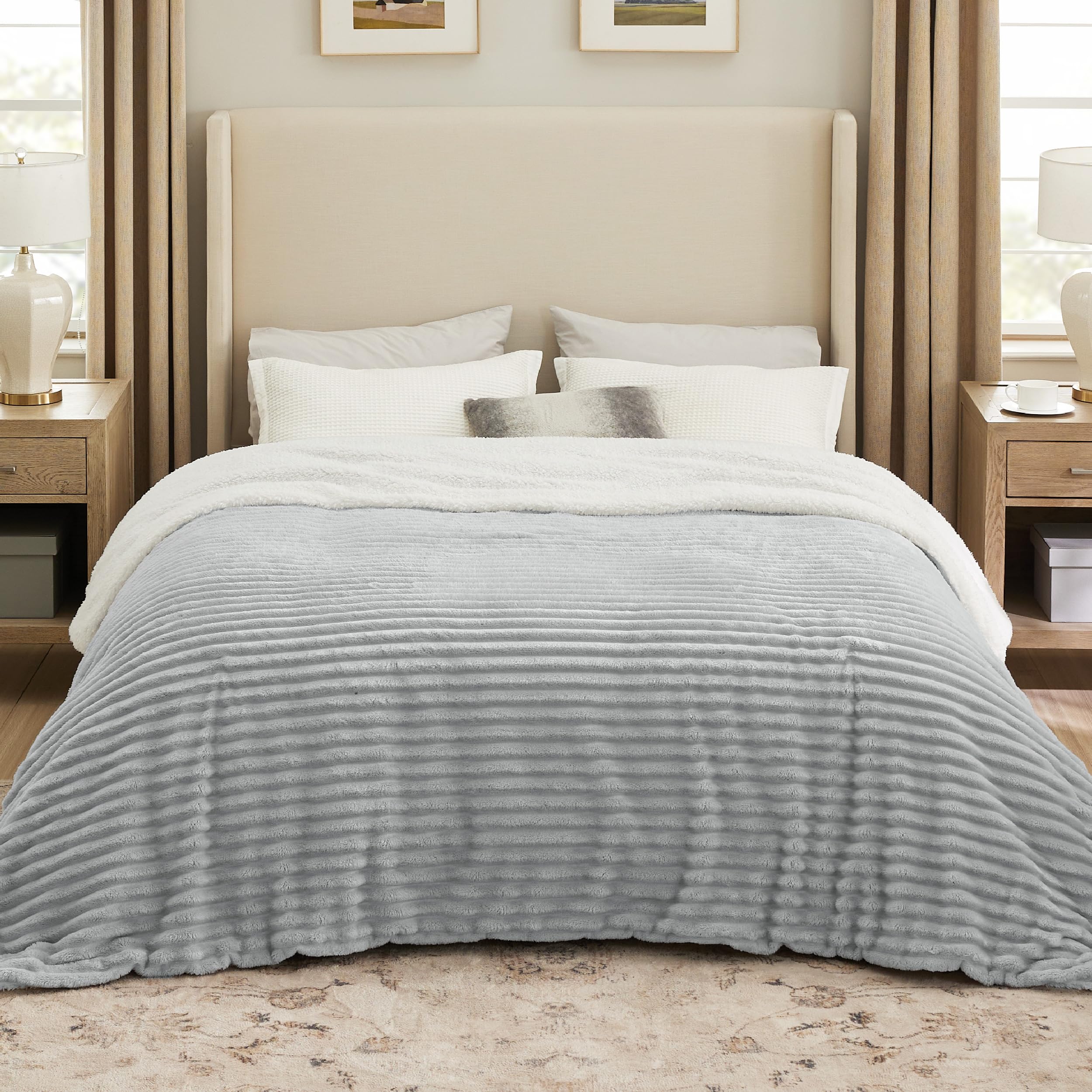 Bedsure Sherpa Fleece Throw Blanket - Fluffy Blanket, Grey, 240x220cm
