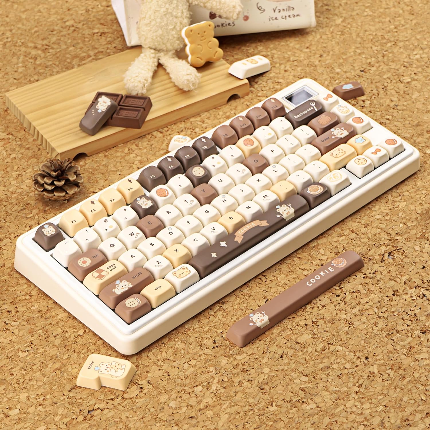 145 Keys Round Keycaps, Dye-Sublimation PBT Custom Keycap Set for FOA Profile, Brown Bear Theme Cute Keycaps for MX Switches Mechanical Gaming Keyboard