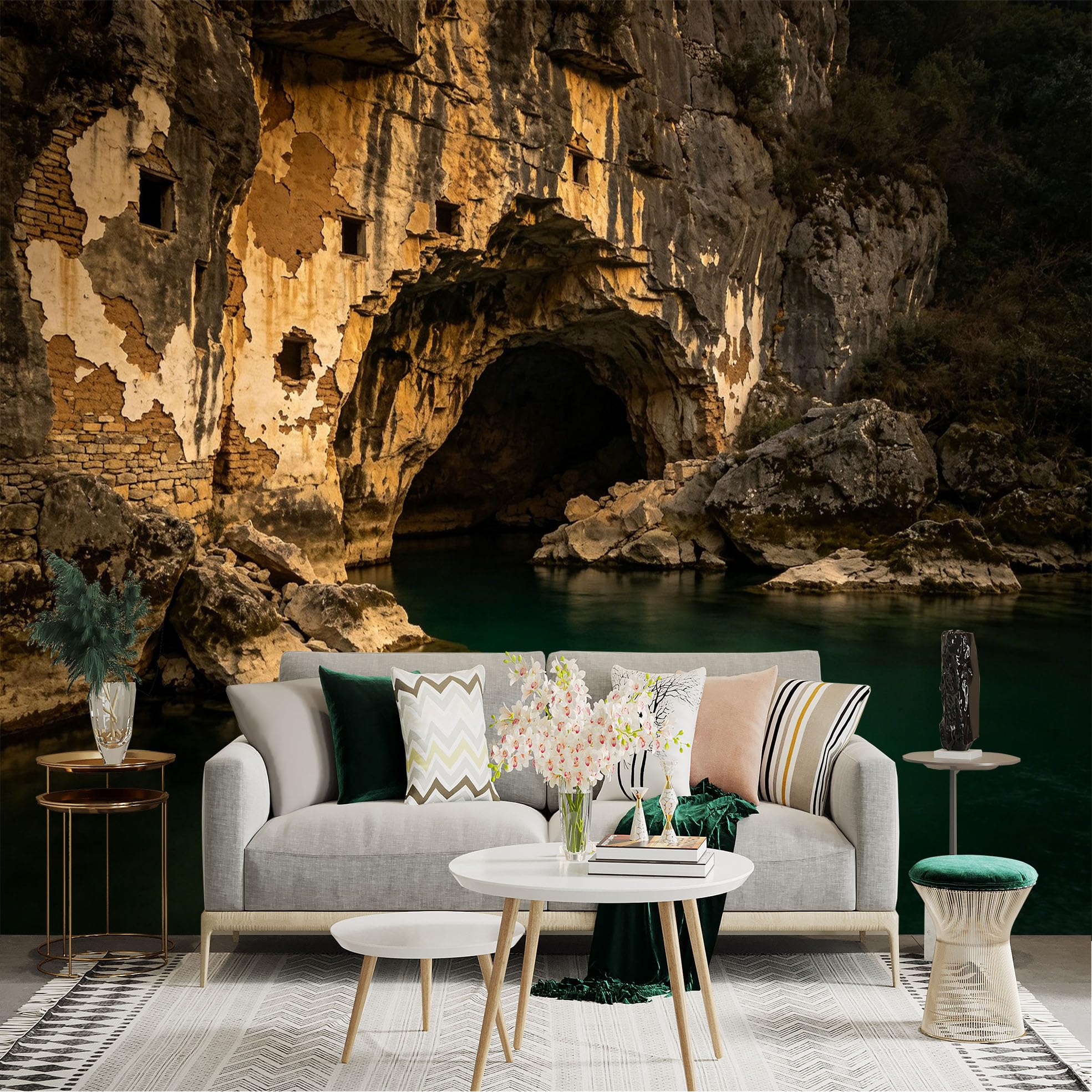 Lnzczhyre Dbh260521549 Custom Size Wall Sticker Mural， Ancient Stone Cave， Rocky Mountain River， Hidden Natural Grotto， Calm Water Scenery， For Wall Decoration， Peelandstick Wall Decals.