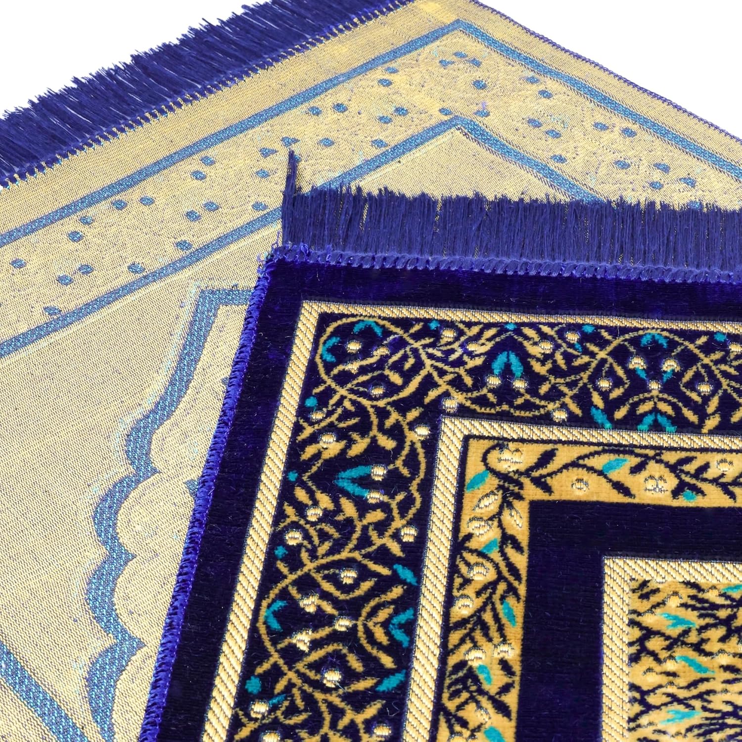 Muslim Prayer Rug, Soft Plush Thin Islamic Prayer Mat, Janamaz, Sajada, Praying Carpet, Islamic Gift for Men & Women, Islamic Mat, Navy, Eid & Ramadan Gift with Prayer Beads, 26x43 inch