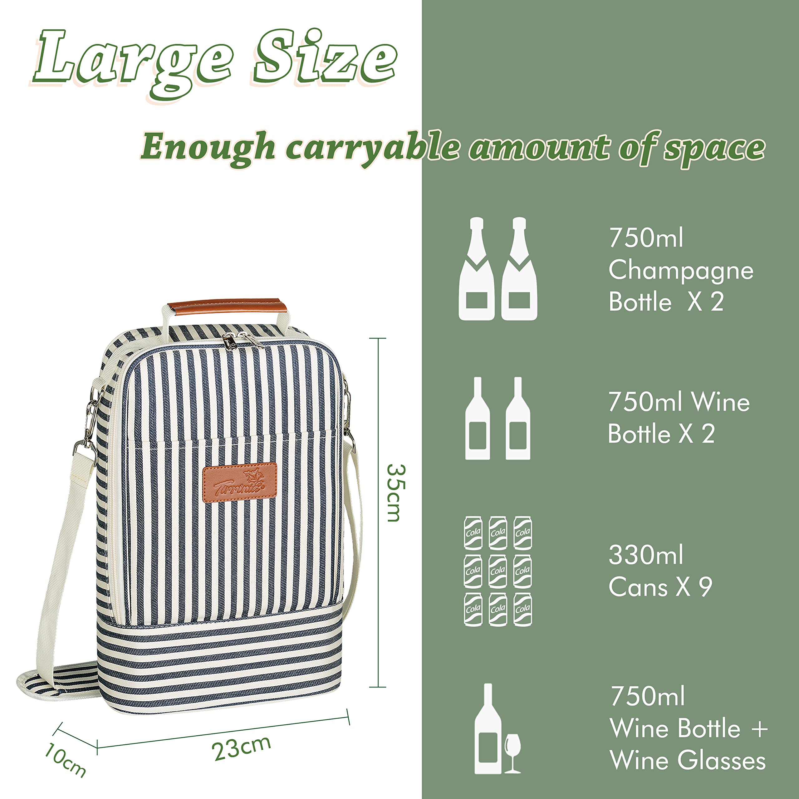 Tirrinia Bolsa de regalo de vino con aislamiento de 2 botellas – Vaso de vino para refrigeradores BYOB, degustación de vinos, viajes, parque, playa, gran regalo para amantes del vino, rayas azules