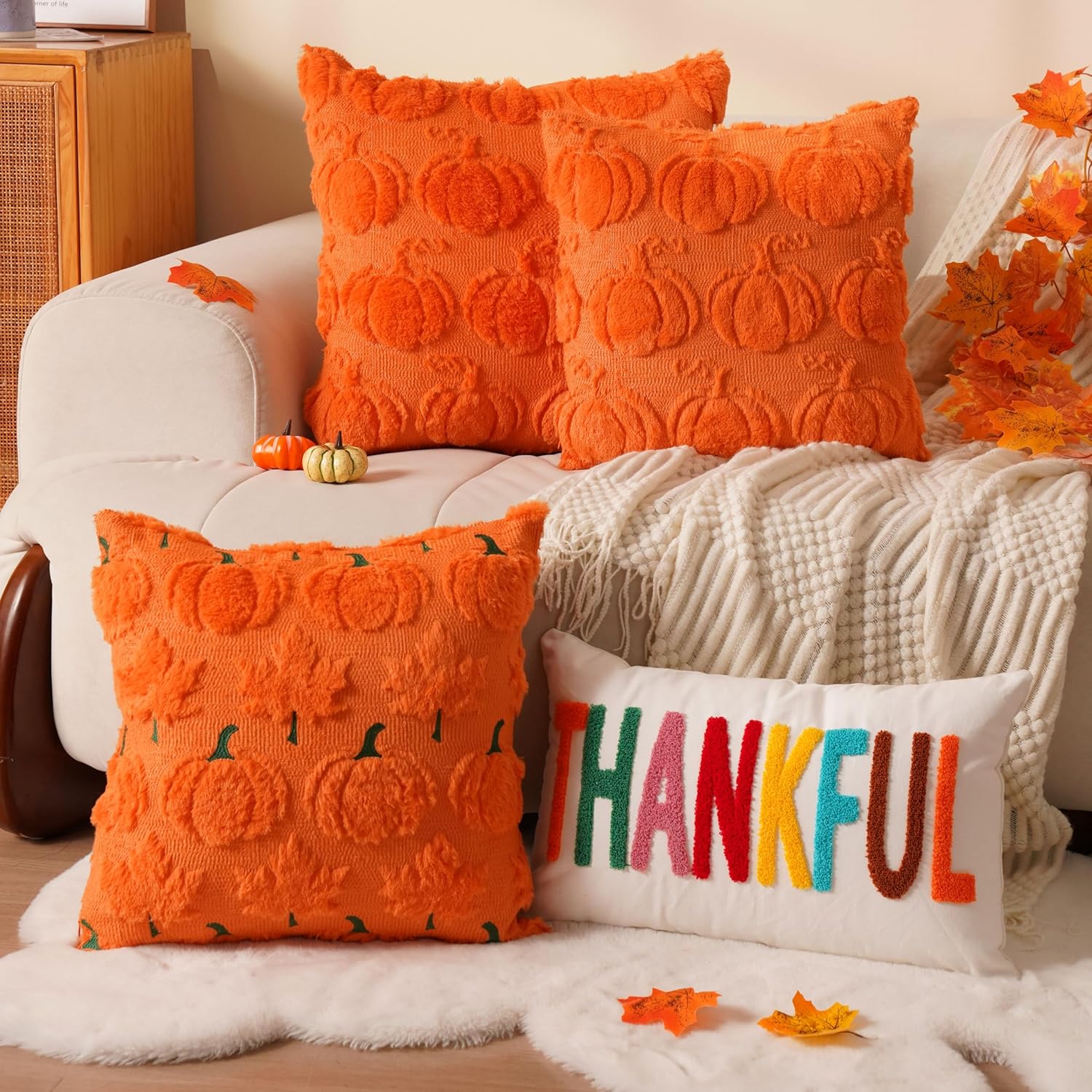 Fall Pillow Covers 20"x20" Set of 2 Orange Soft Faux Fur Pillow Covers Pumpkin Fall Pillows for Sofa Couch Bed, Fluffy Plush Accent Pillow Cases for Autumn Thanksgiving Farmhouse Home Décor