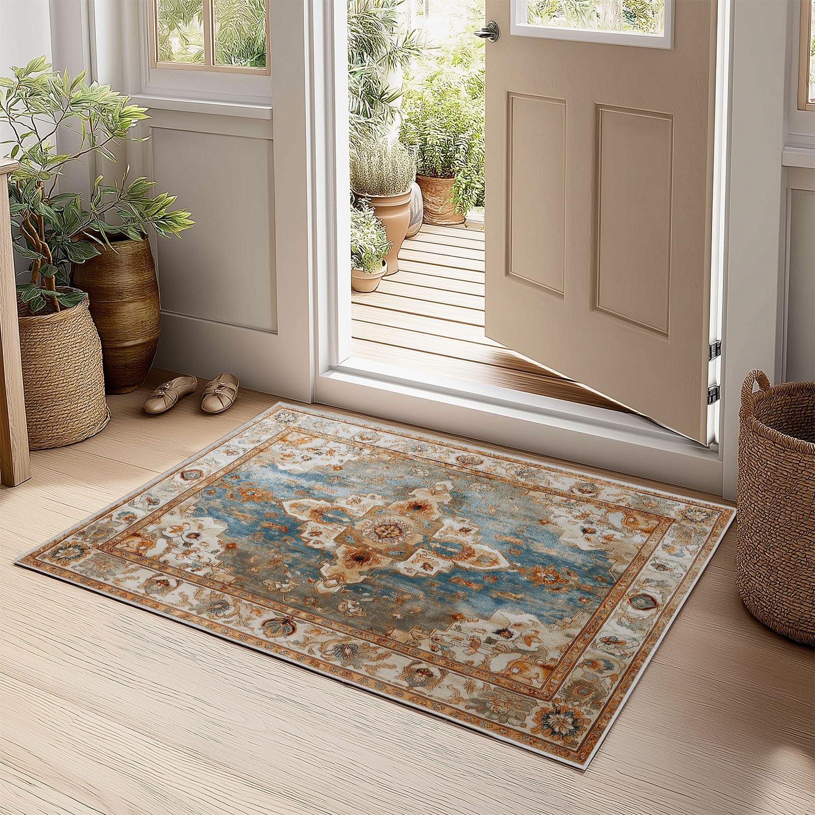 Tapis Rétro Naturel Géométrique Floral Salon Salle à Manger, Chambre, Cuisine Antidérapant avec Motif Imprimé Tapis Doux Poil Ras Décoration Maison (Jaune, 100 x 150 cm)