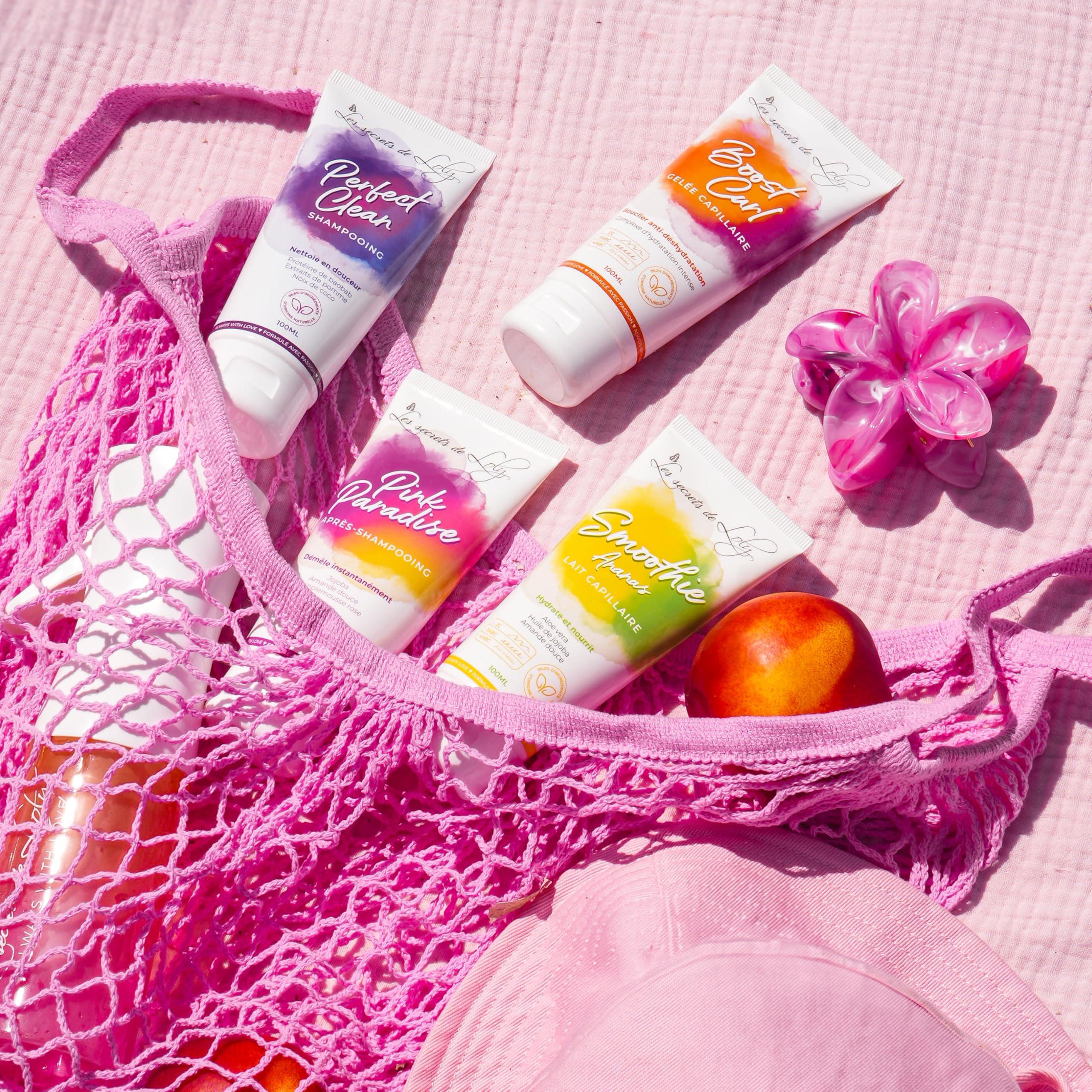 Les Secrets de Loly - Trousse de Voyage Cheveux Frisés - 4 Soins 100ml - Shampooing + Après-Shampooing + Gelée + Lait Capillaire - Format Cabine