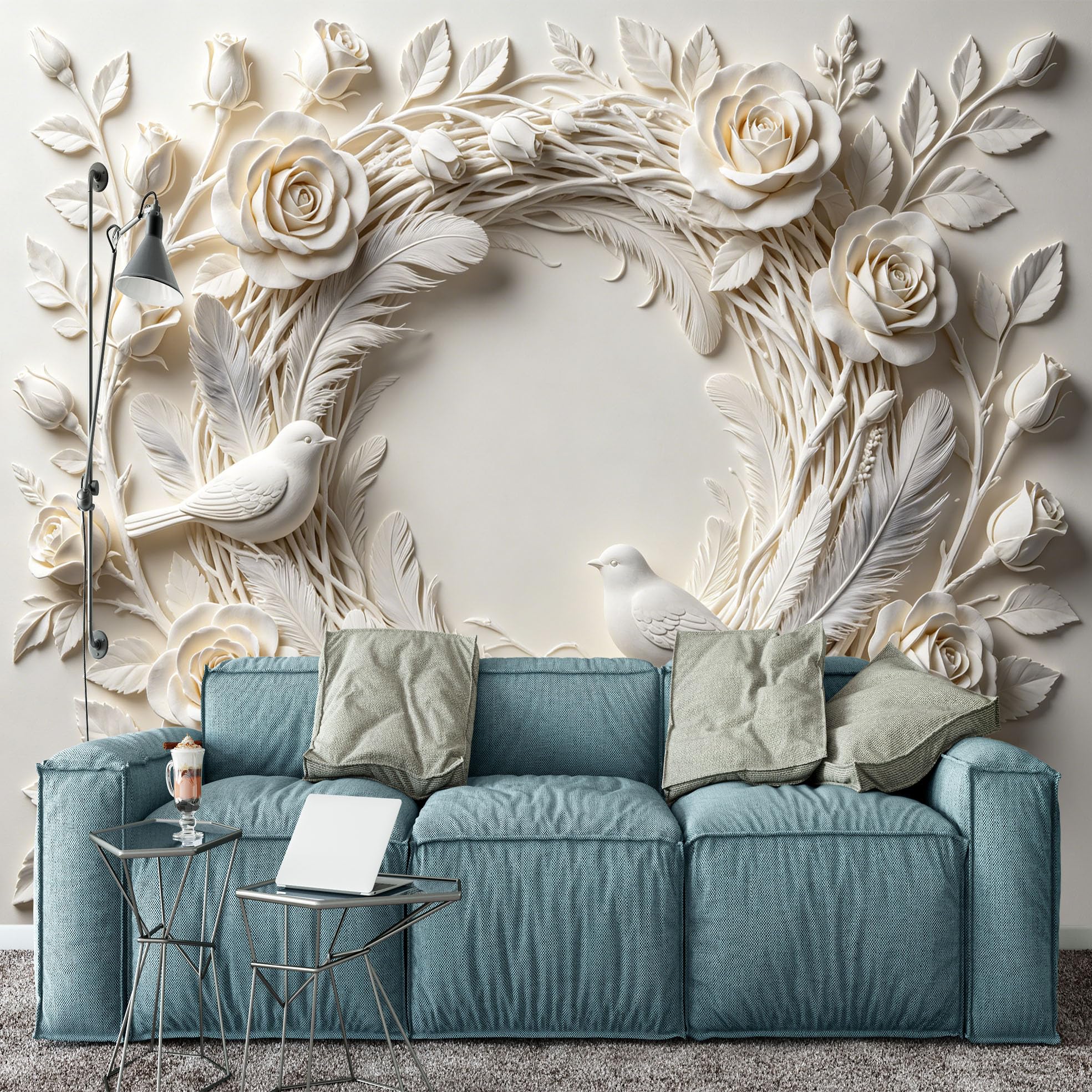 Carta Da Parati Fotografica con Ghirlanda Di Rose E Scultura Di Uccellino, Murale Da Parete 300×210 cm (Lxa), In Tessuto Non Tessuto, Decorazione Floreale Romantica per Soggiorno, Divano, Sfondo Tv