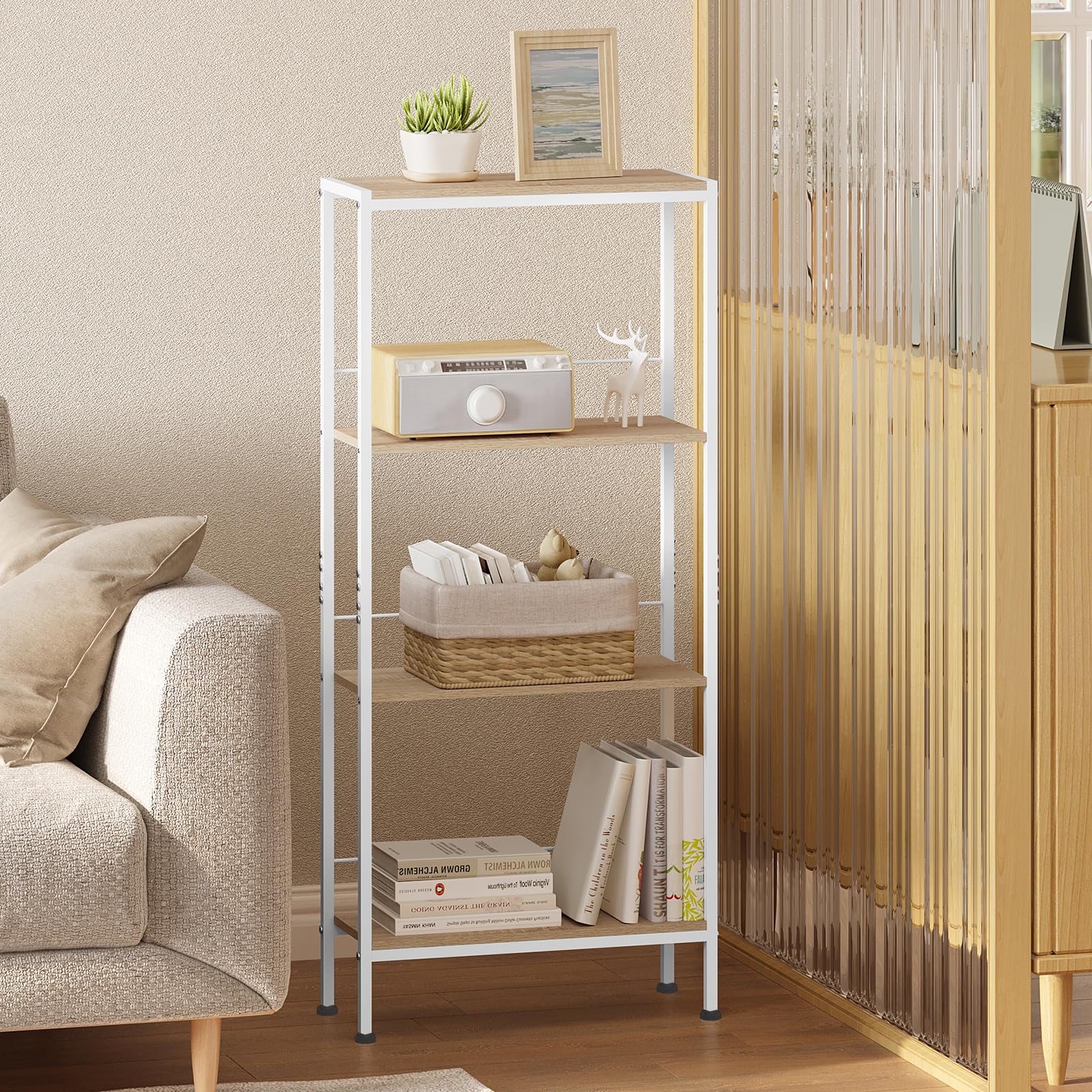 WOLTU Étagère Rangement, Étagère Étroite à 4 Niveaux, en MDF avec Cadre Métallique, Chêne Clair+Blanc, L50xP20xH110cm, RGB53whe