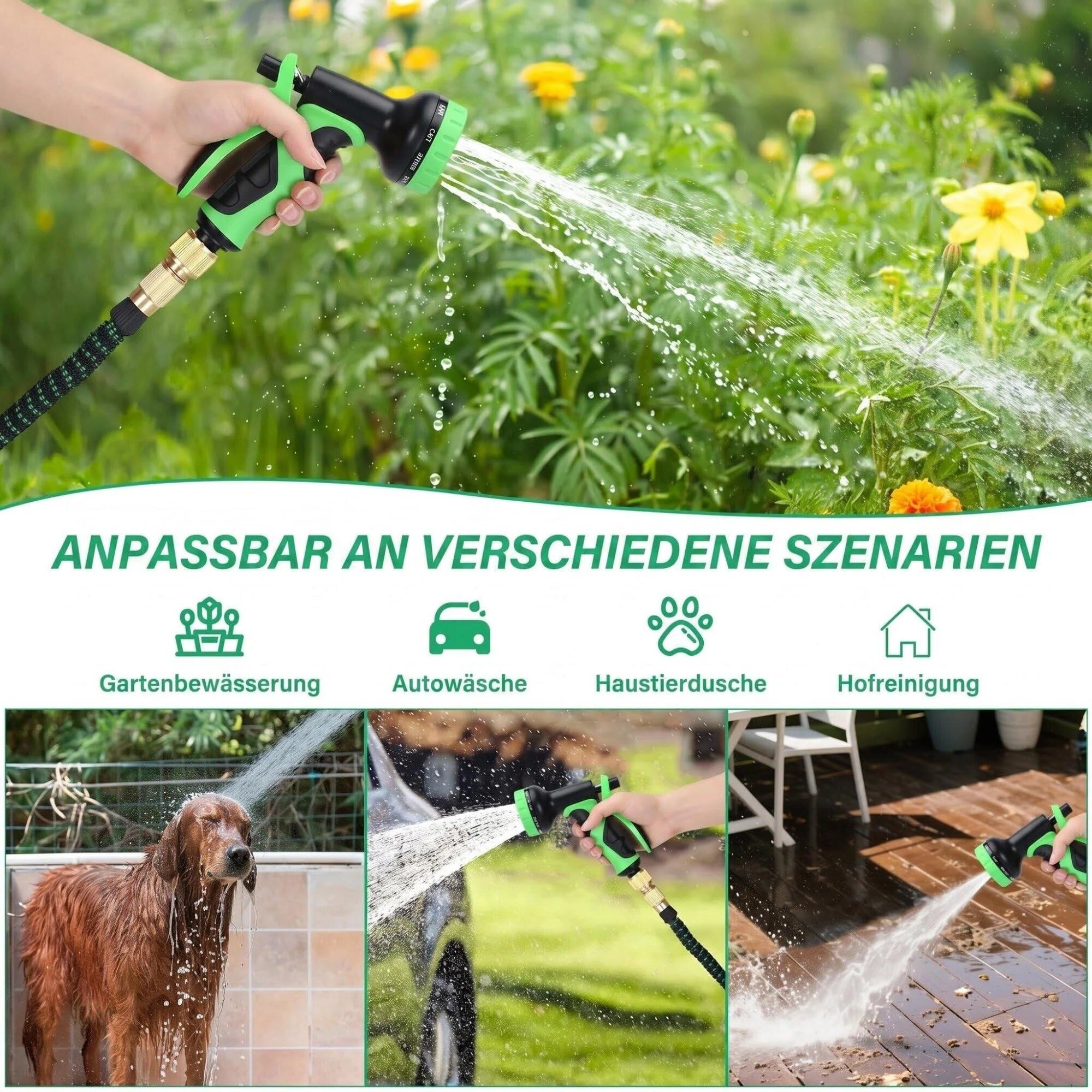 Ausziehbarer Gartenschlauch, Gartenschlauch mit 10 Funktionsdüsen, leichter elastischer Schlauch mit 3/4-Zoll- und 1/2-Zoll-Metallanschlüssen für Gartenbau Autowäsche und Bewässerung（75FT)