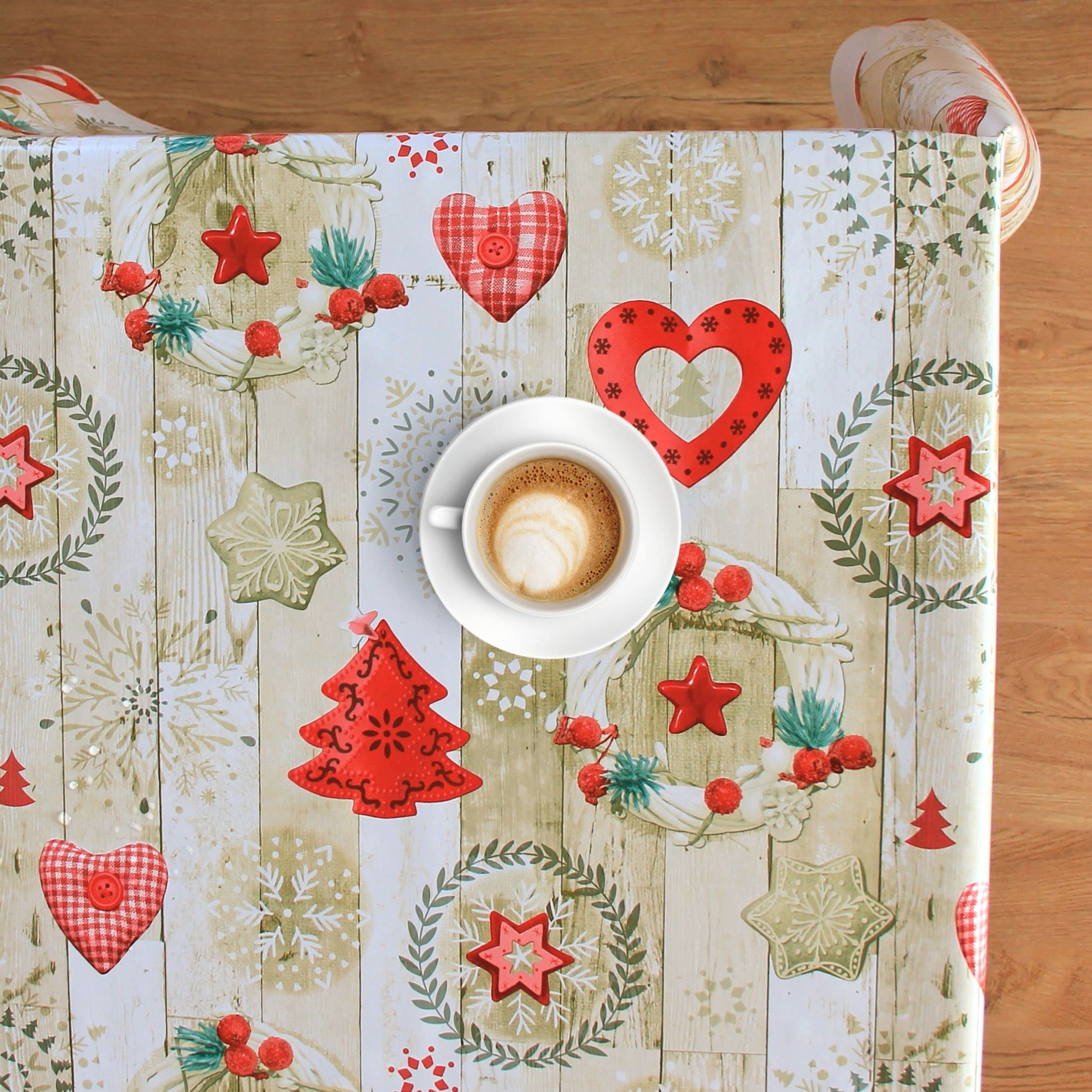 KP HOME Table Cloth Wipeable Christmas PVC Table Cloth Wipe Clean Tablecloth Oilcloth 140x300 Cream and Red Xmas Winter Ornaments 300x140 118x55 Wood Table Cover Waterproof Tablecloth Large 10 Seats - Image 4