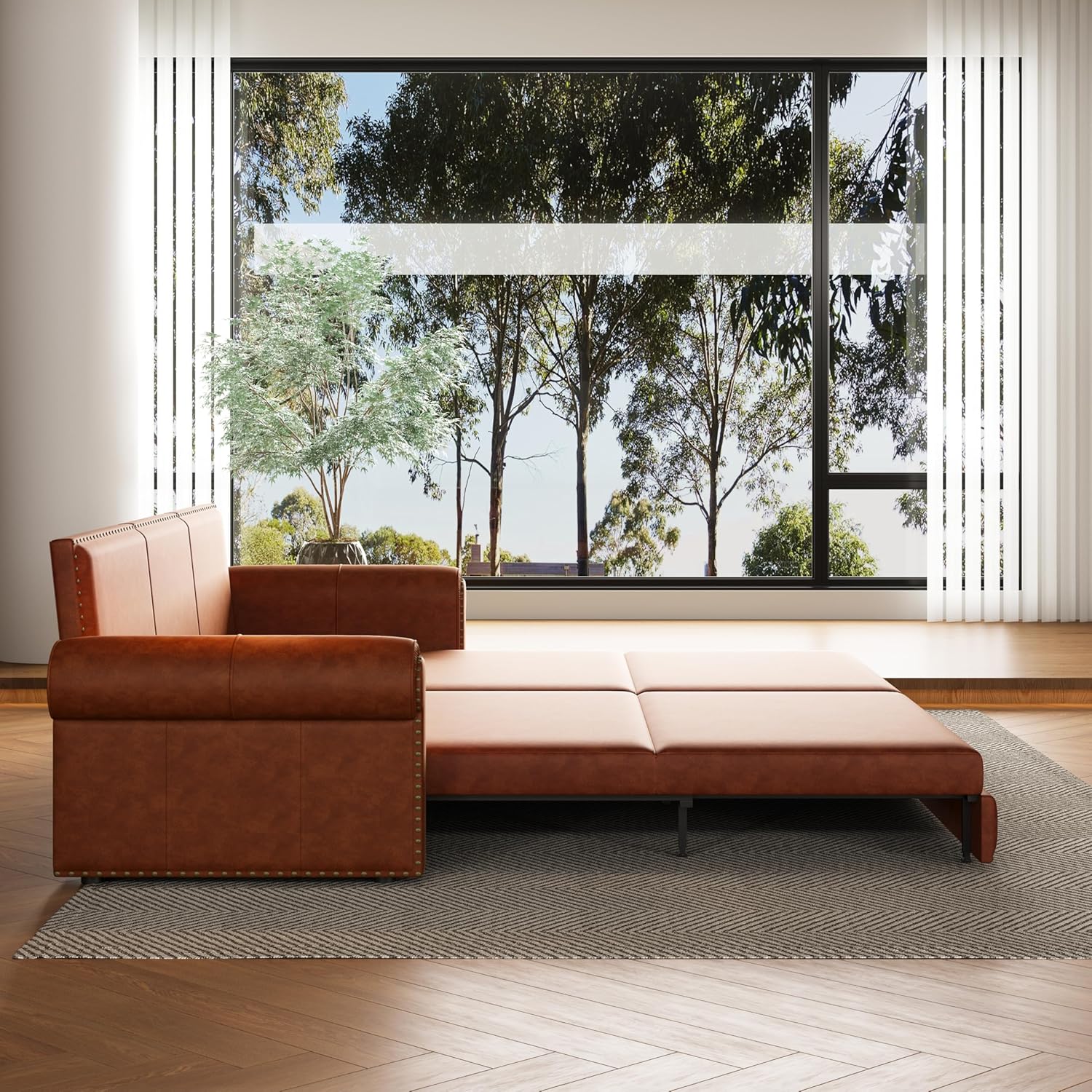 93.7" Pull Out Sofa Bed King Size with Pillows,3-in-1 Convertible Sleeper Couch with Nails Trim,PU Leather 3 Seater Sofabed for Living Room,Light Brown