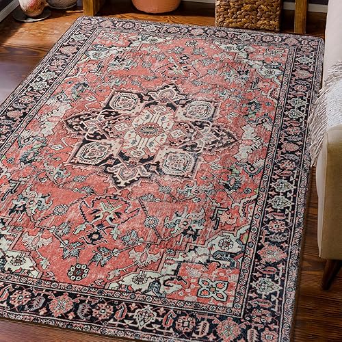 Toneed Alfombra de área vintage, 4 x 6 pies, alfombra roja con parte trasera de goma, antideslizante, lavable para dormitorio, sala de estar,