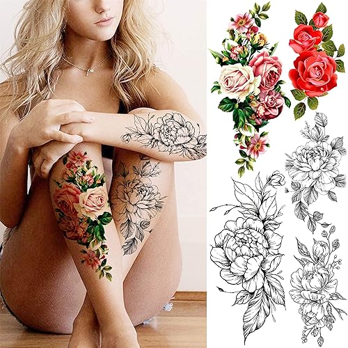 Miniatura 7 de 18 hojas de tatuajes temporales de rosas de flores sexys para mujeres, niñas y adultos, arte corporal, tatuajes de brazo falso, impermeables, luna,