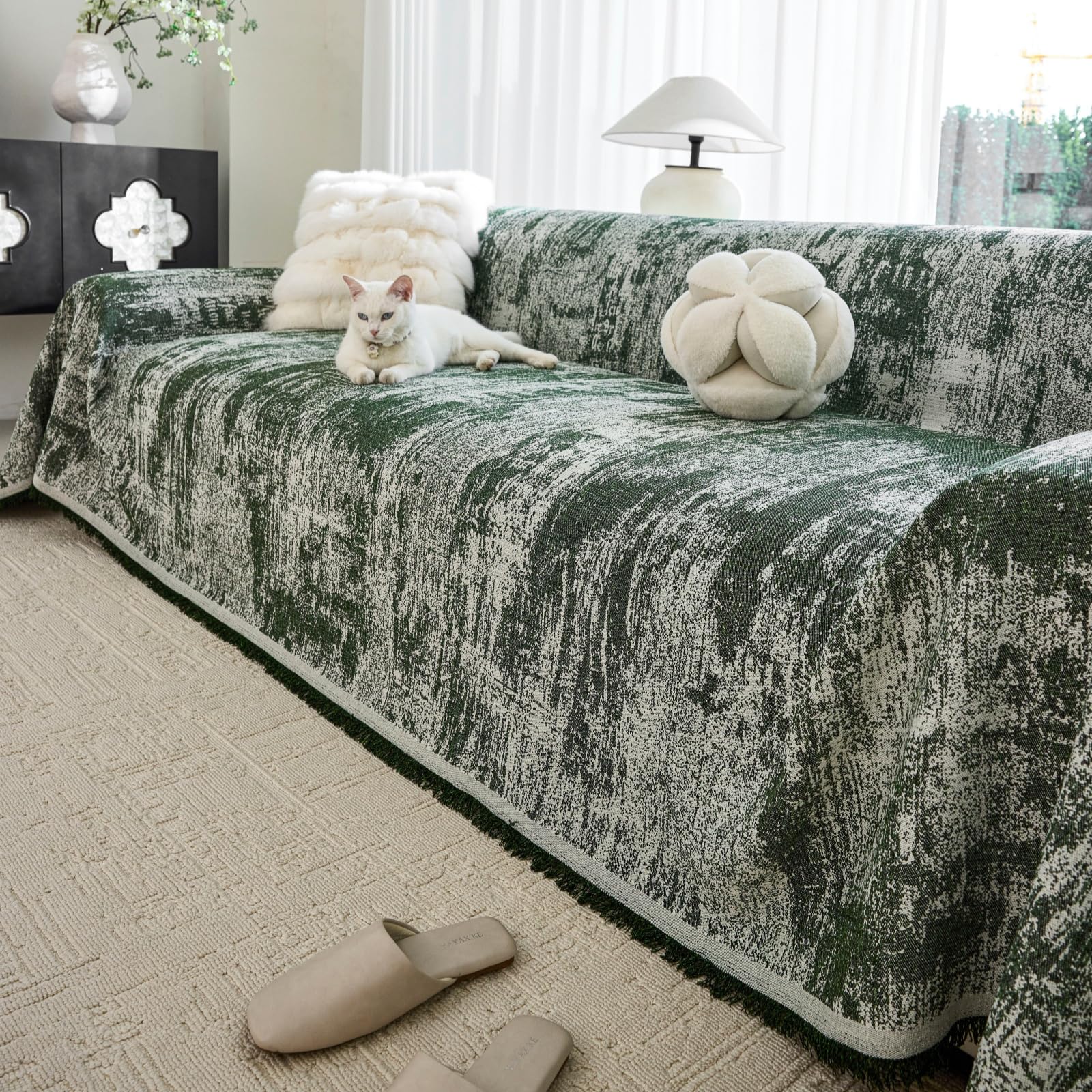 TAOTAOGO Linen Feel Chenille Sofa Cover for 3-4 Seater Couch, Breathable Washable Pet-Friendly Furniture Protector, All-Season Soft Slipcover D-Green 180x380cm โ image 1