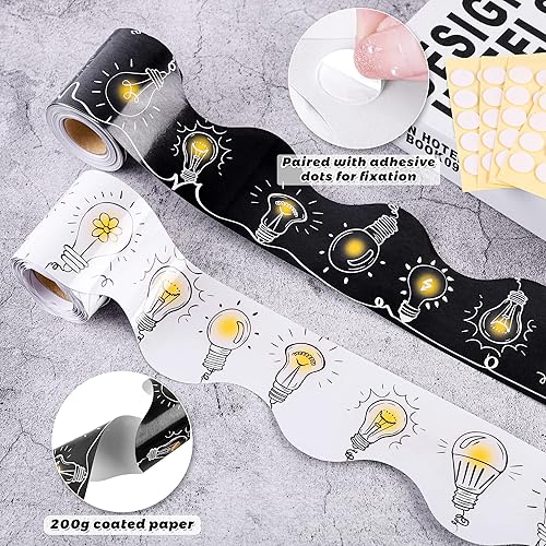 Miniatura 4 de durony 2 rollos de 65.6 pies de bombilla de tablón de anuncios, bordes de pizarra de garabatos, bordes festoneados con puntos adhesivos, calcomanías
