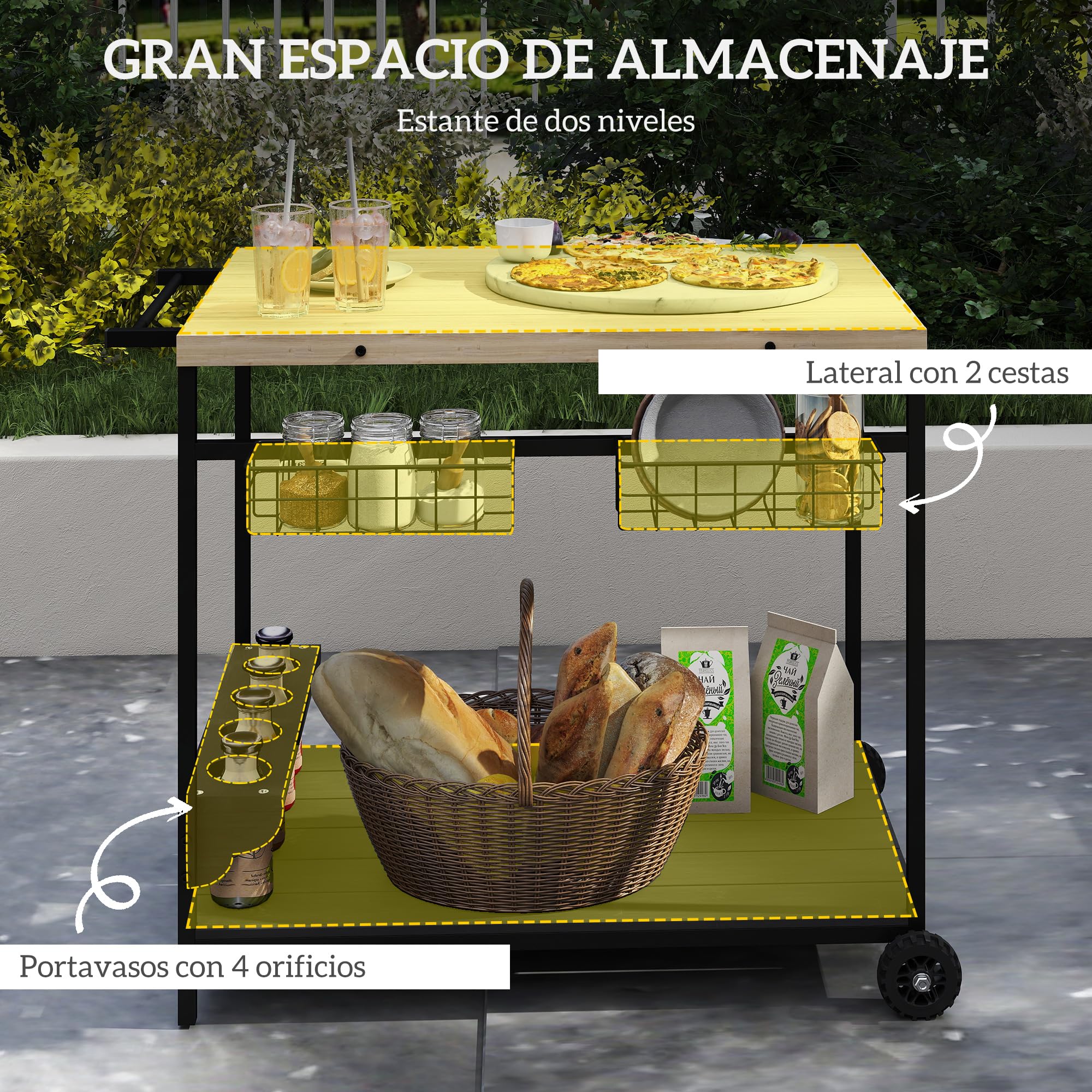 Outsunny Camarera con Ruedas de Madera Carro de Servicio con 2 Estantes 2 Cestas Metálicas y Soportes para Botellas para Jardín Terraza Patio 97,5x65x81 cm Natural y Negro