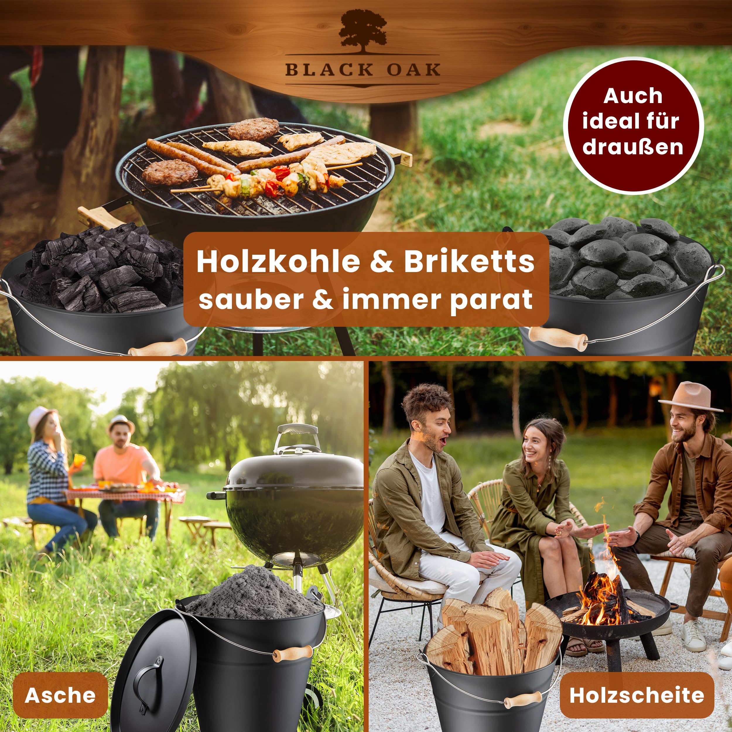 BLACK OAK Ascheeimer FOGO 10L - schwarz mit Deckel mit Metallgriff + Feger + Schaufel & Handschuhen - 10L groß Stahl feuerfest verzinkt & pulverbeschichtet Eimer für Asche Kohle Pellets Zubehör Kamin