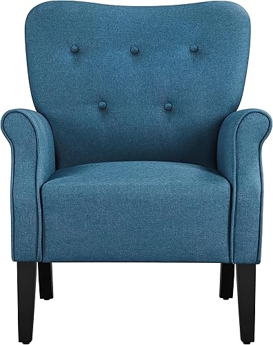 Topeakmart Silla decorativa de tela, sillón moderno de poliéster con patas de madera, respaldo alto y cómodo asiento acolchado para sala de estar,