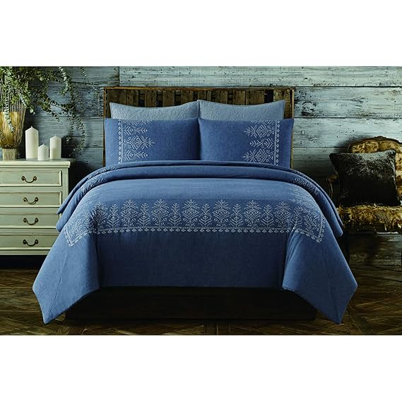 Cottage Classics Cotton Embroidered Border Full/Queen Duvet Cover Set, Blue