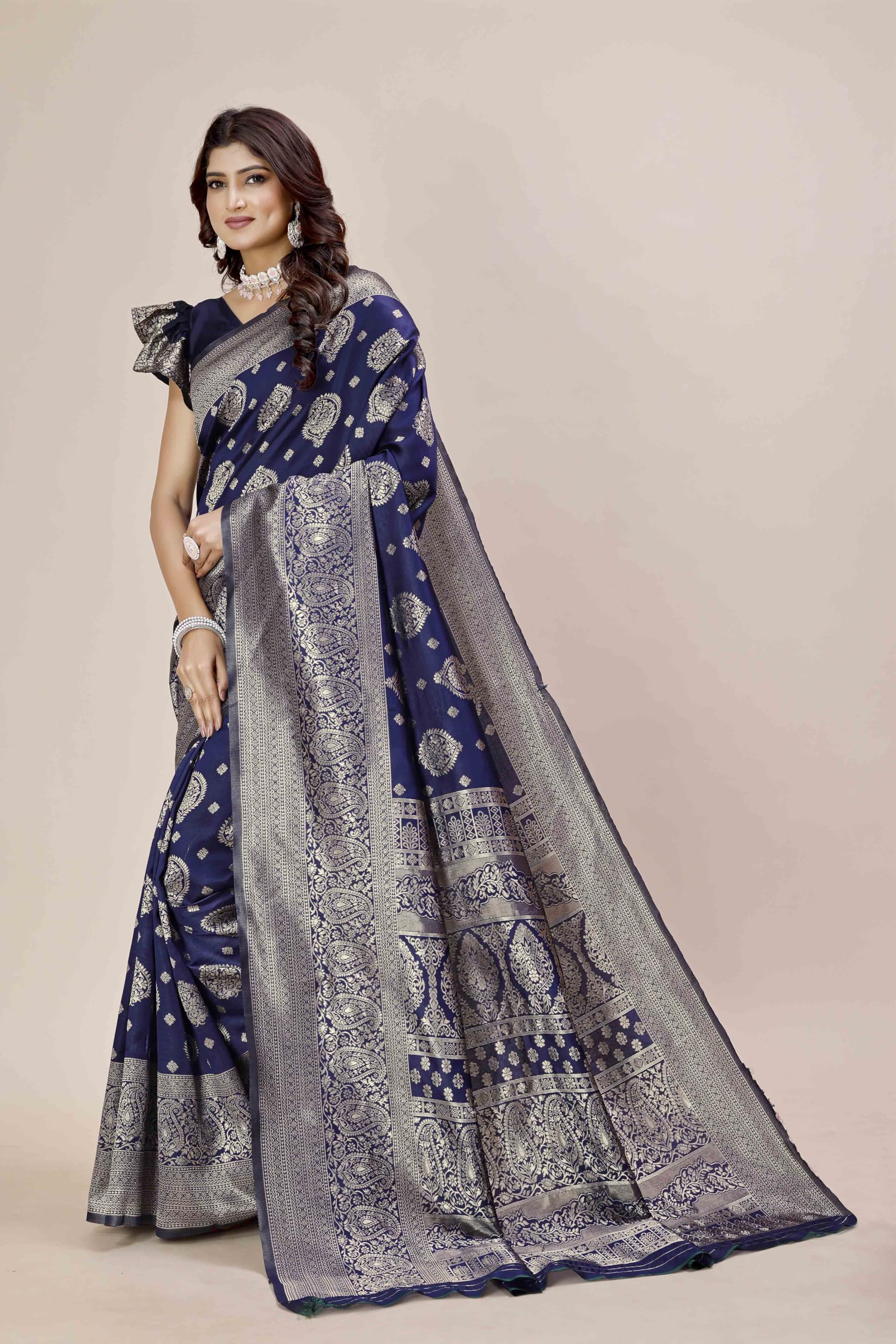 Shasmi Women's Banarasi Saree Pure Kanjivaram Silk Saree Soft New Ladies 2025 Design Wear Pattu Sarees Latest Party Sari Collections With Blouse Piece For Wedding Sadi (Pari-218 Navy Blue)