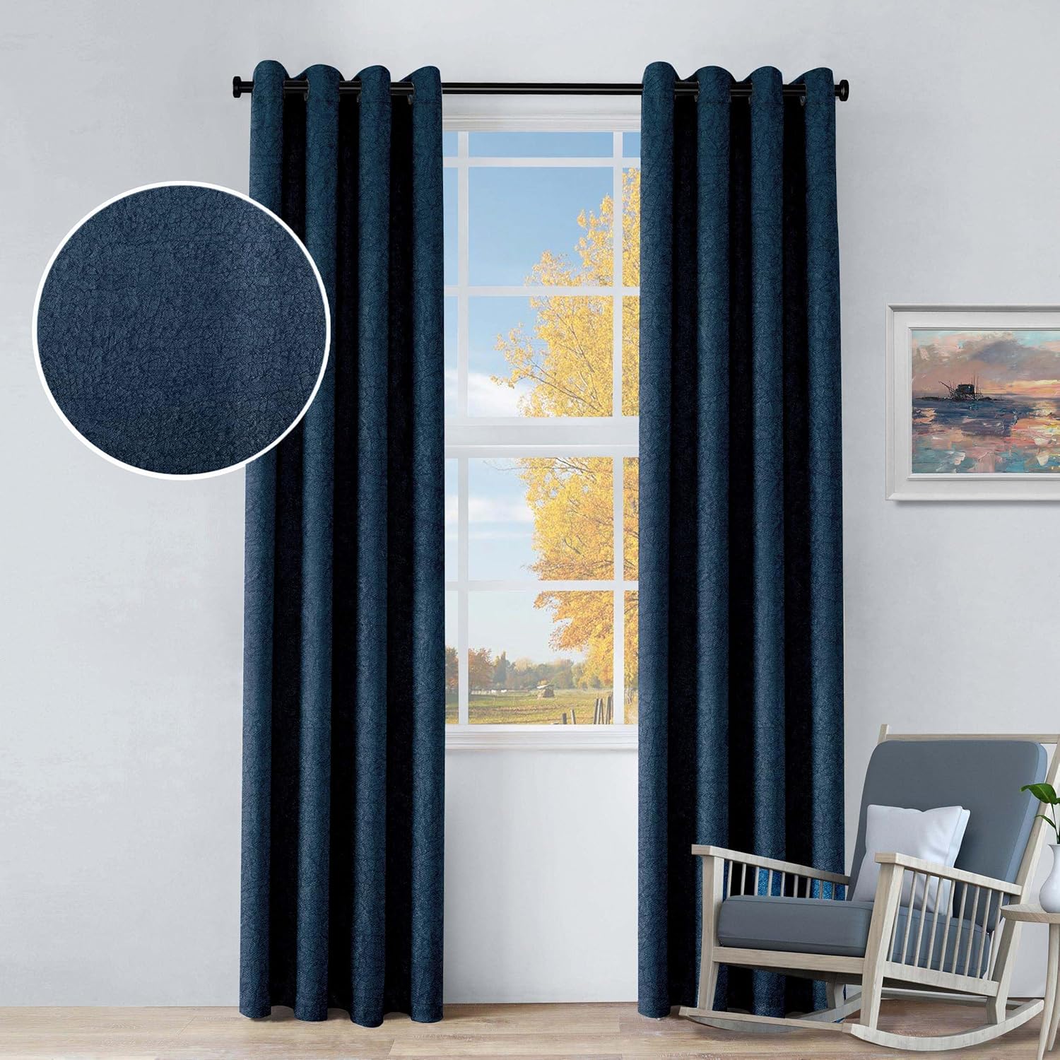Superior Blackout Curtains, Sun Blocking Curtain for Bedroom, Farmhouse, Living Window Accent, Room Darkening, Grommet Header, Senna Collection, Set of 2 Panels, 52" x 84", Navy Blue