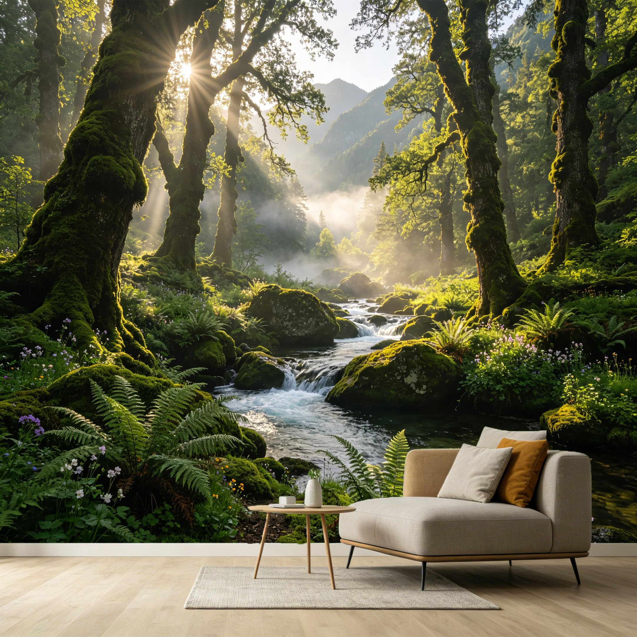 Custom Size Wall Murals Forest Landscape Sunbeam Mist Mountain Creek Ferns Botanical SelfAdhesive Wall Fabric Removable Large Wallpaper for Photo Living Room