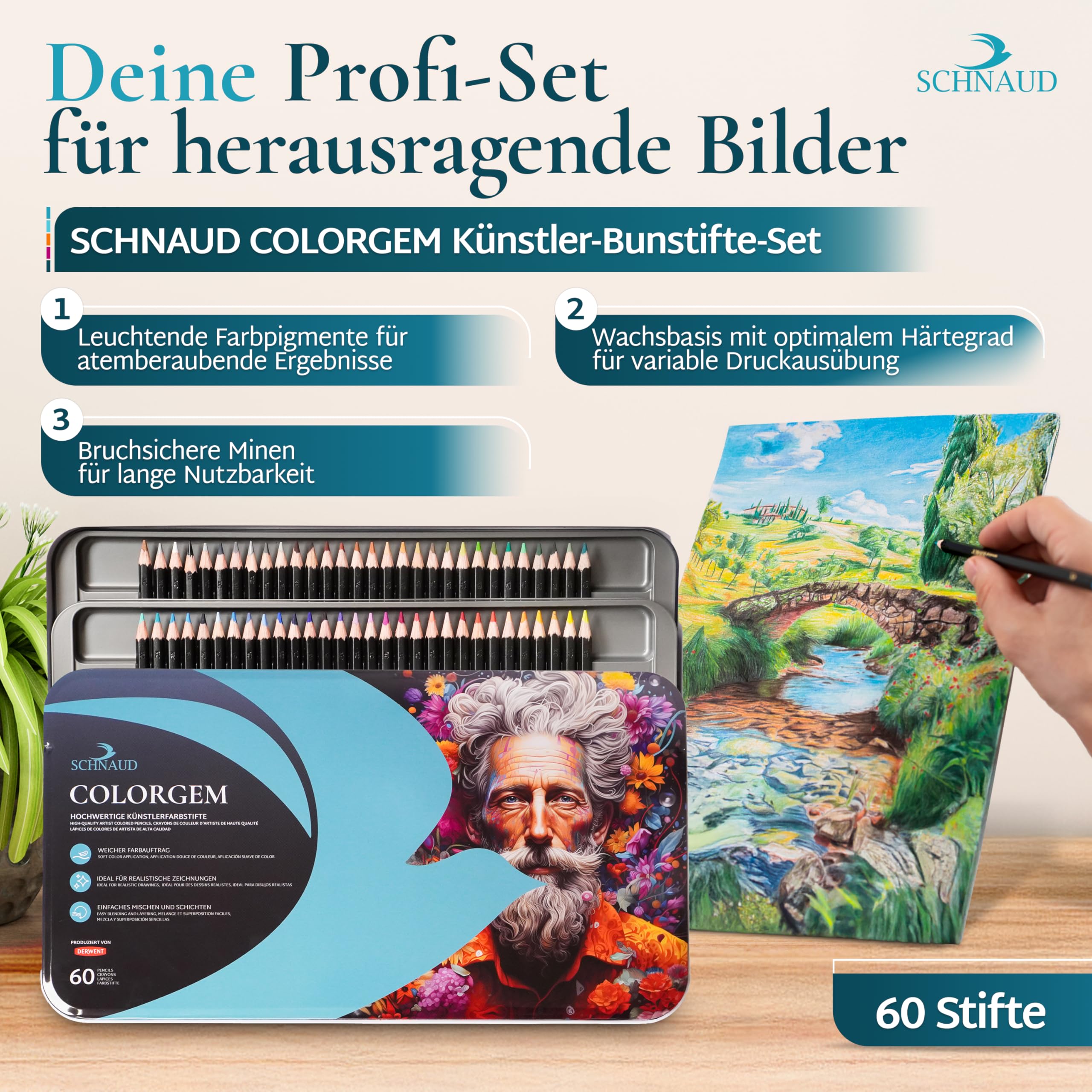 Colorgem Buntstifte für Erwachsene – 60 Farben Künstler Buntstifte Set, hochpigmentiert & bruchfest