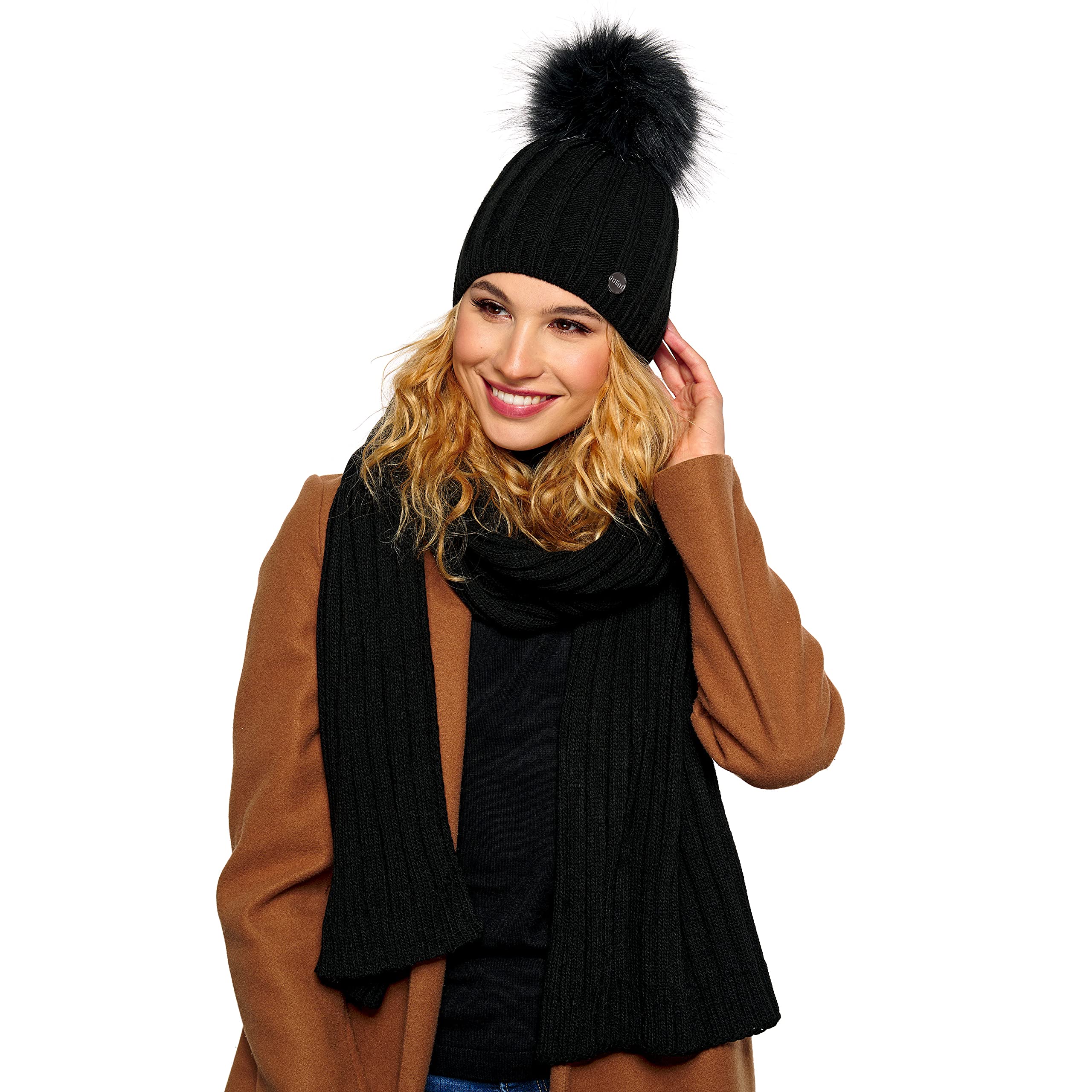 ELIMELI® Gorro de cachemira para mujer, gorro de punto, gorro de invierno de lana con cachemira y pompón de piel sintética. Fabricado en la UE, Negro - Set con bufanda, Talla única