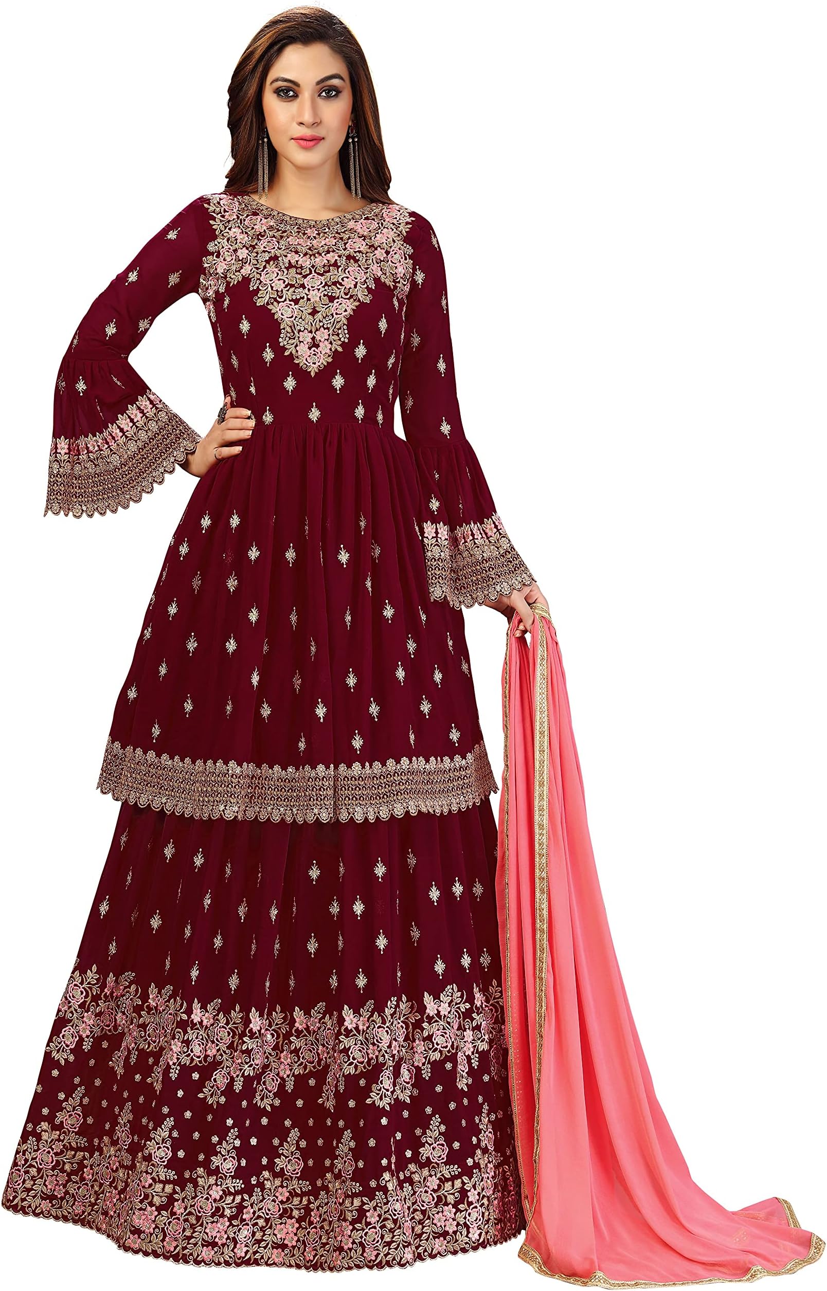TRENDMALLS Women's Georgette Embroidery Anarkali Kurta Lehenga Indian Pakistani Suit Set