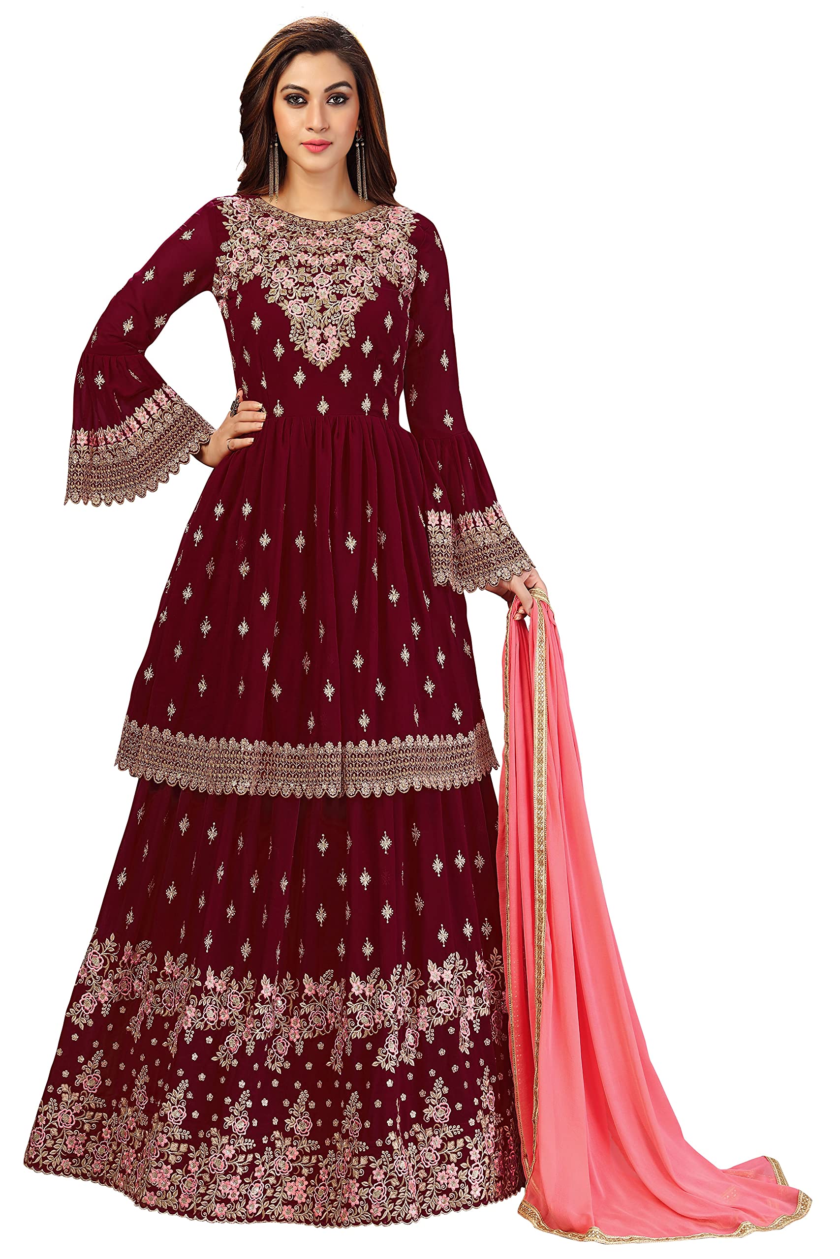 TRENDMALLS Women's Georgette Embroidery Anarkali Kurta Lehenga Indian Pakistani Suit Set