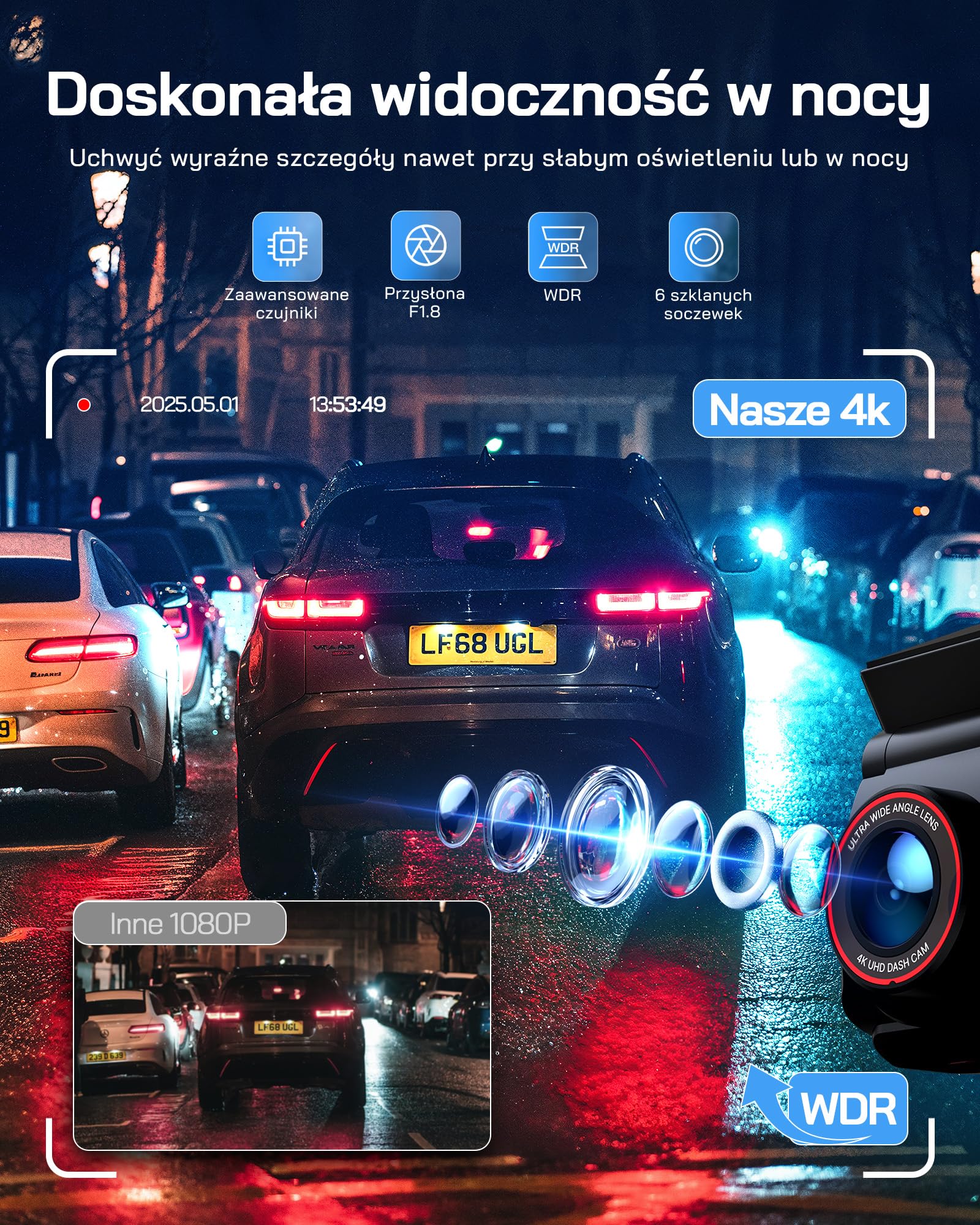WOLFANG Kamera samochodowa 4K przednia i tylna WiFi Dashcam, podwójna kamera samochodowa z 7.0 cm IPS, super noktowizor, nagrywanie w pętli, czujnik G, szeroki kąt 170, ochrona parkowania