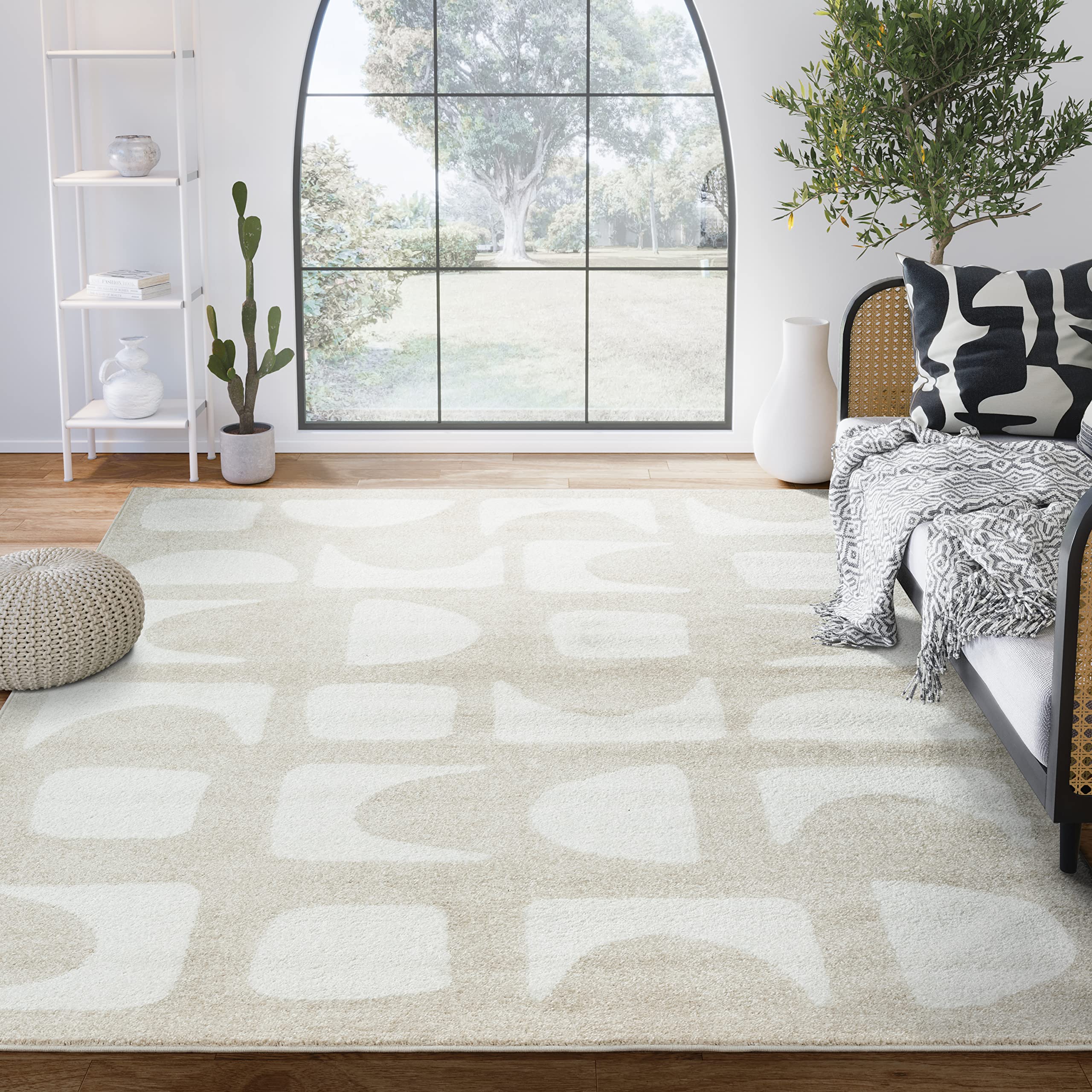 Abani Nuevo Collection Area Rug - Modern Geometric Beige/Cream Design - 7'9" x 10'2" - Easy to Clean - Durable for Kids & Pets - Non-Shedding - Medium