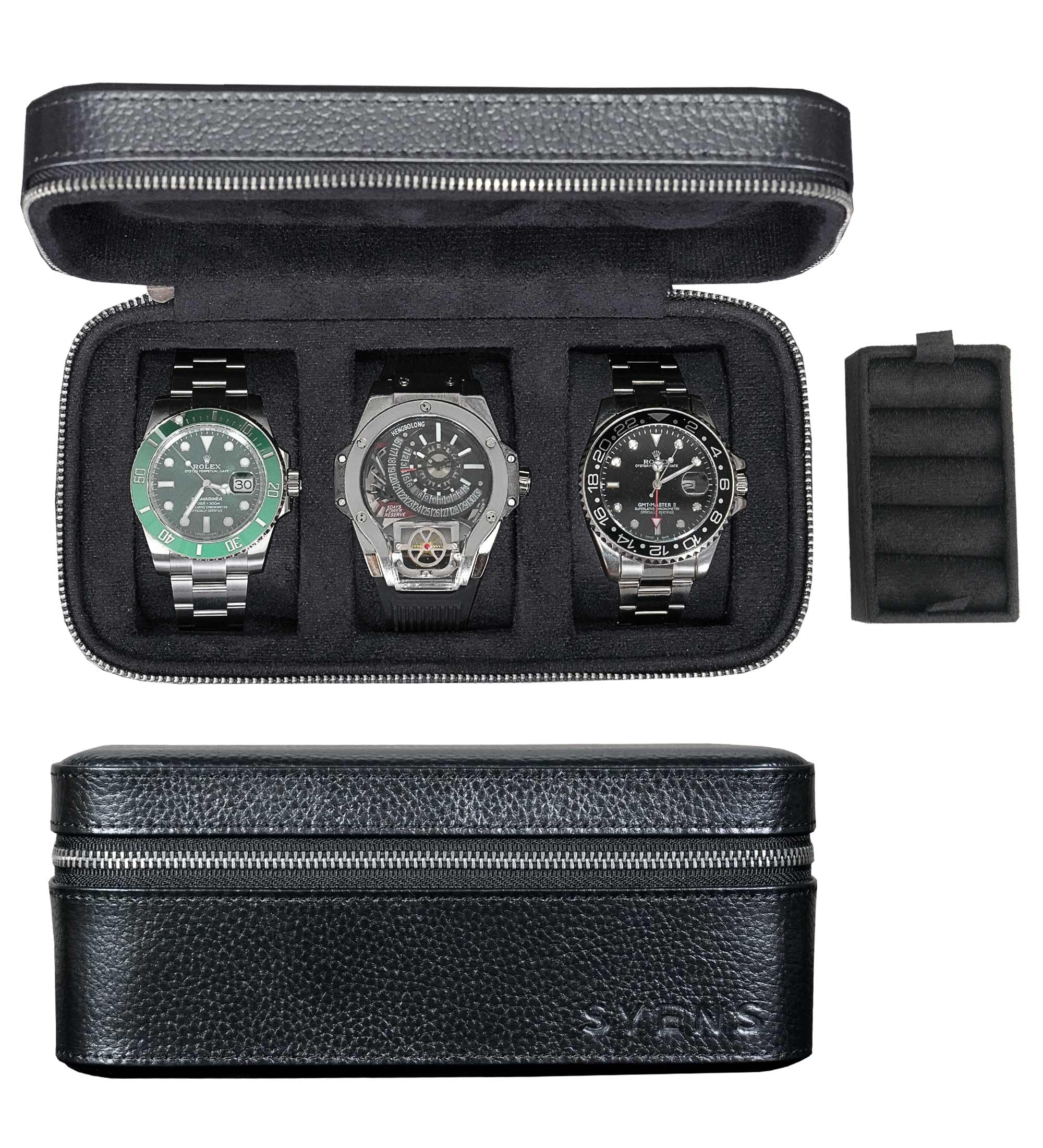 Boîte de voyage en cuir véritable pour homme et femme - Organiseur de rangement avec fermeture éclair en daim pour la protection - Convient à toutes les montres jusqu'à 60 mm (3W-Z-BBL)