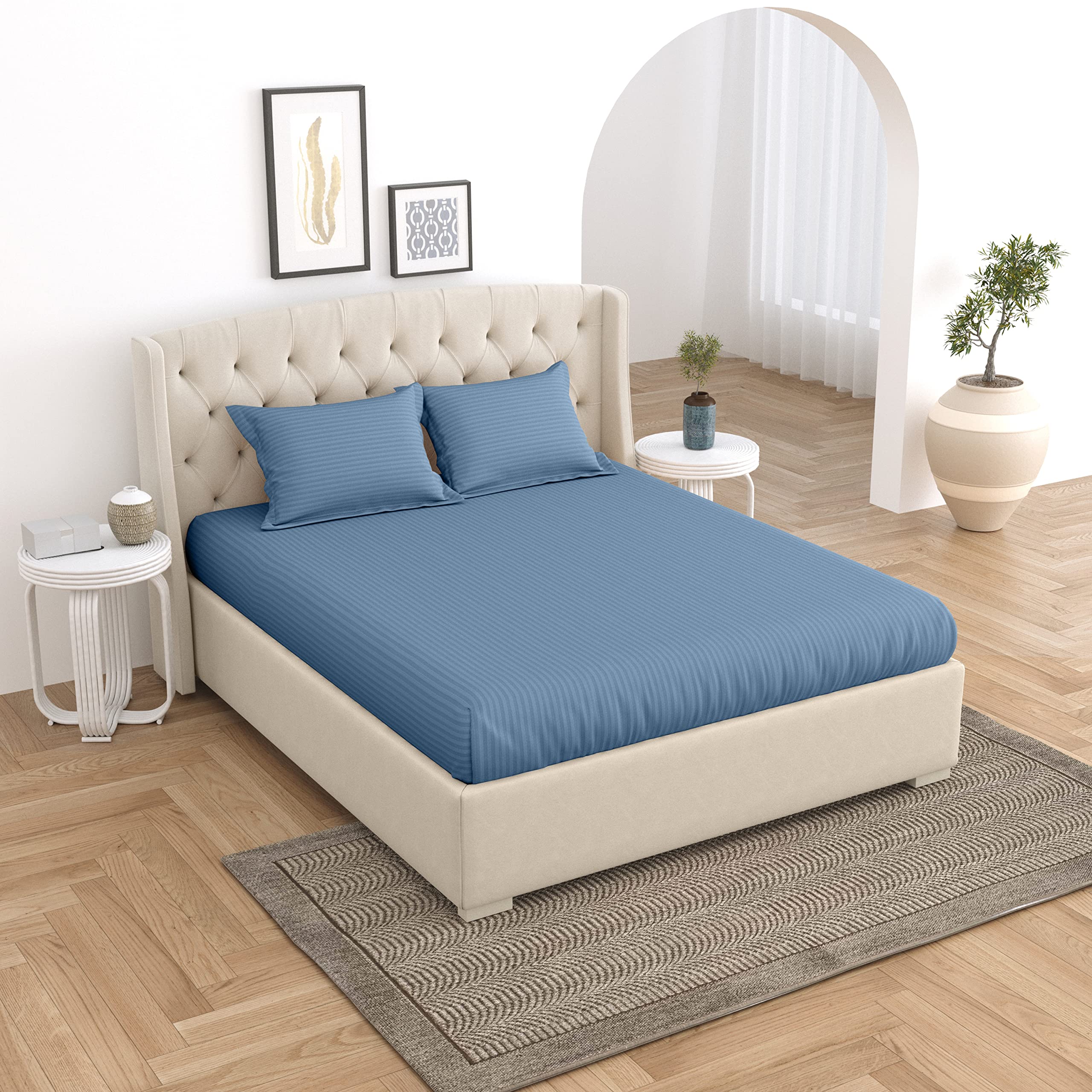 LINENWALAS 100% Cotton Stripe Fitted Sheet Double Size with 2 Pillow Covers, Hotel Quality 200 Thread Count Deep Pocket and Secure Elastic, Soft Bedsheet (Bahamas Blue, Double - 72x72 Inches) (B0C6GXQTZJ) Amazon Price History, Amazon Price Tracker