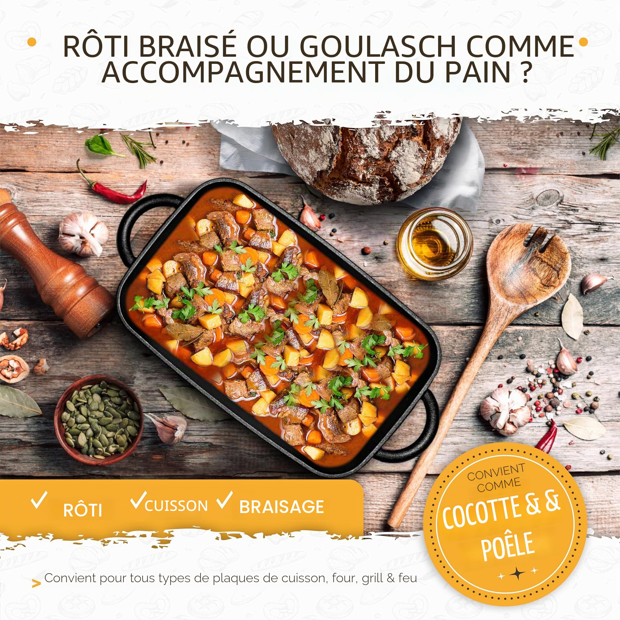 KRUSTENZAUBER Cocotte en fonte avec couvercle - Passe au four [avec panier de fermentation] - 28 cm de long en fonte - Idéal comme moule de four, casserole à induction
