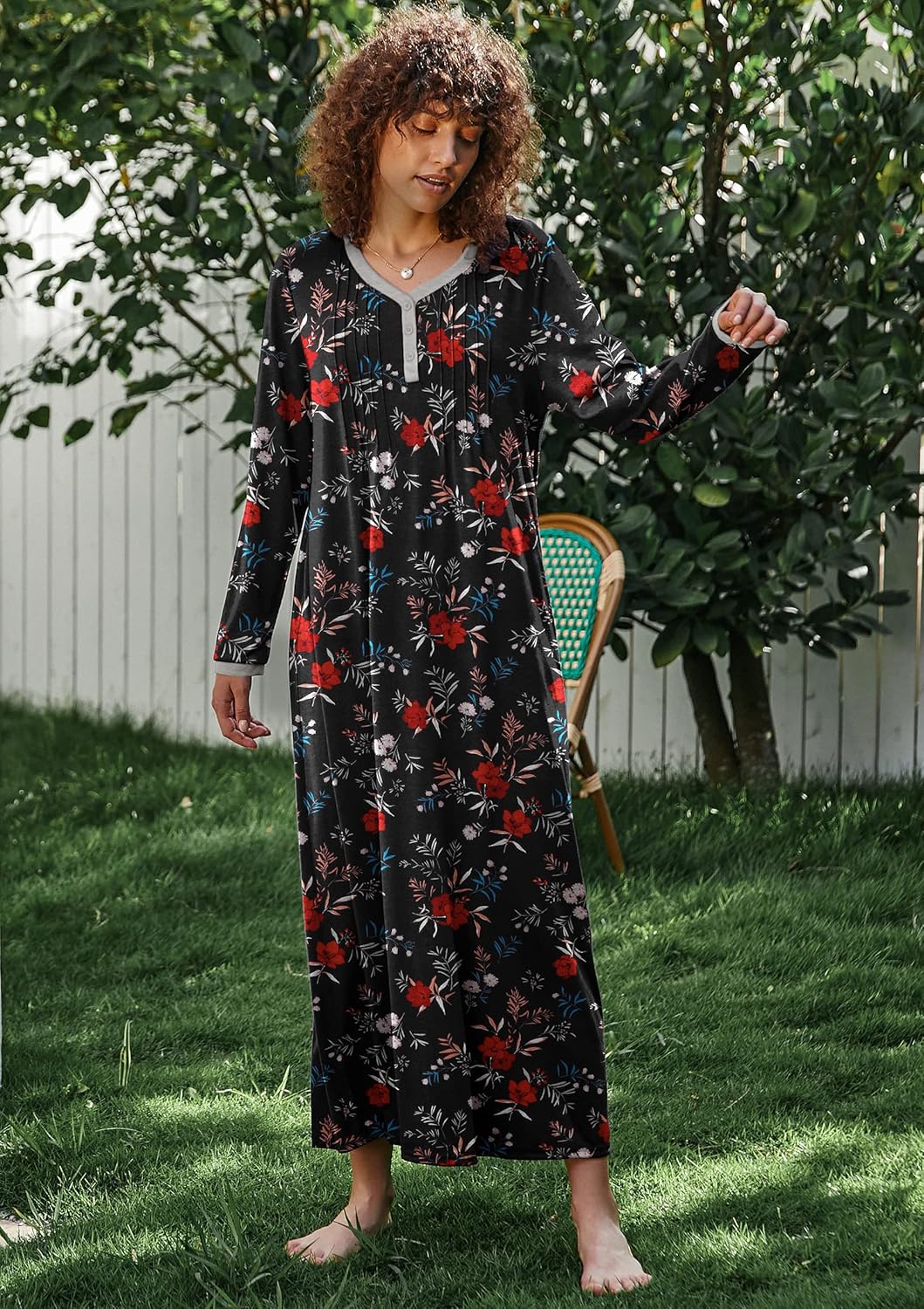 Ekouaer Women's Long Sleeve Nightgown Full Length Sleepwear Long Sleepshirts Henley Sleep Dress S-4XL - Image 5