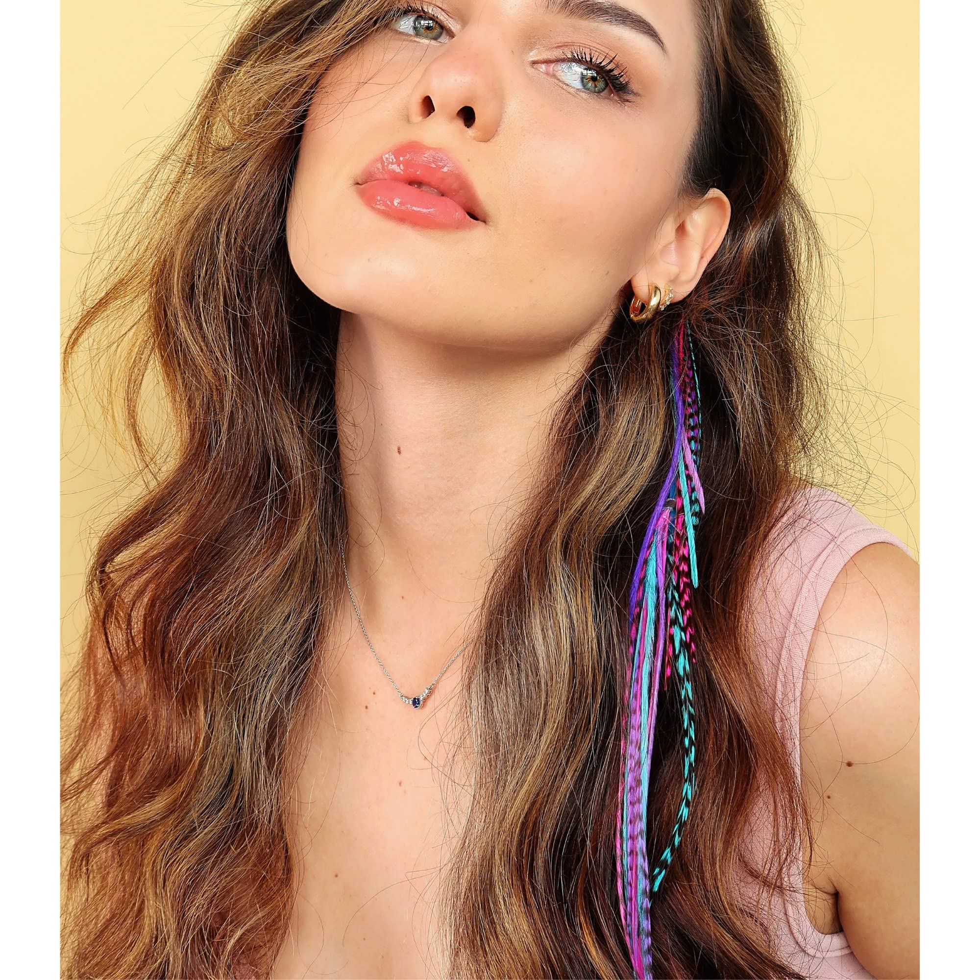 Feather Hair Clips Natural Rooster Extensions Pink Blue Purple Clip On Accessori Real Rooster Feather Hair Extension Kit in Pink, Purple  main image 4