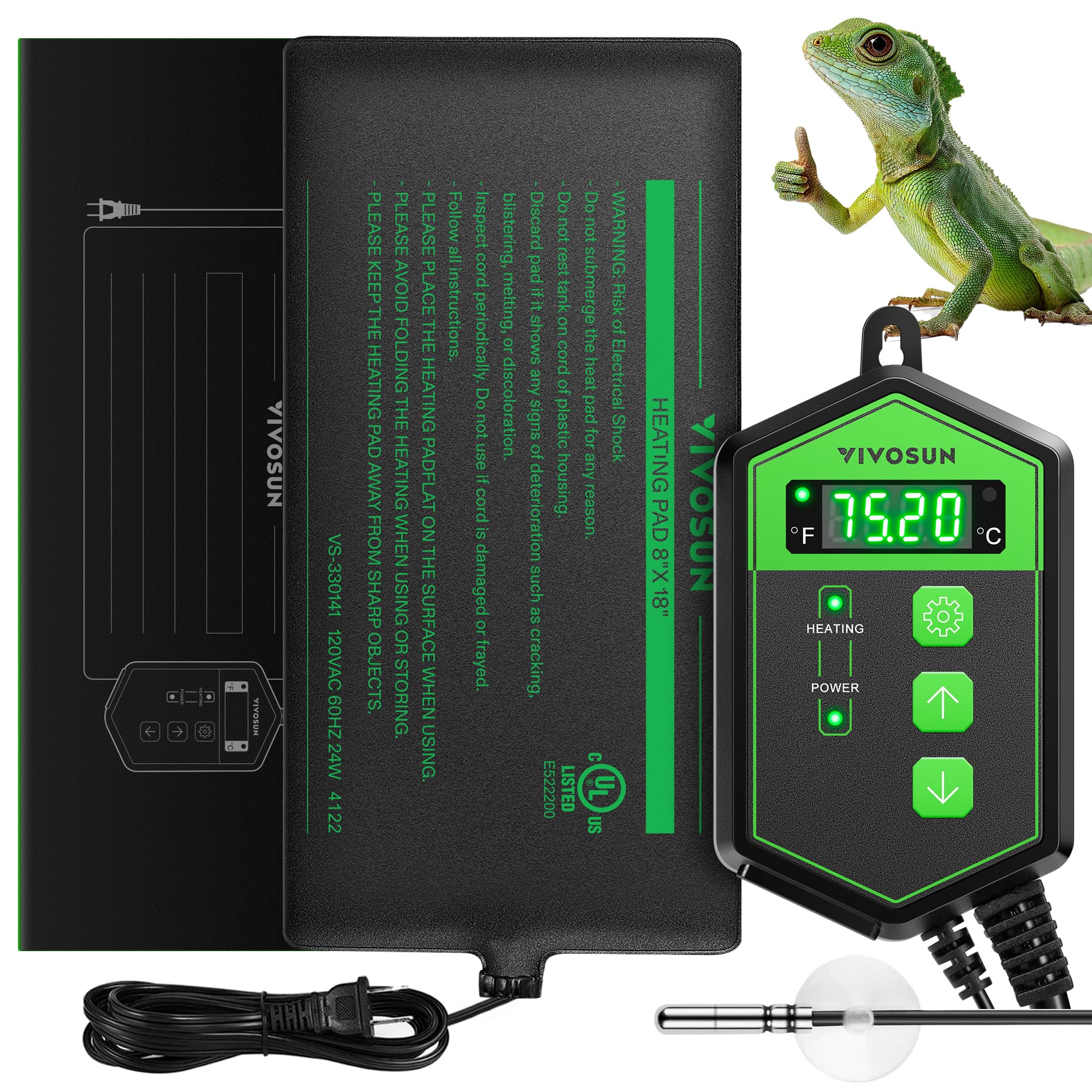 VIVOSUN Reptile Heating Pad 8x18 Inch with Thermostat Combo Under Tank Terrarium Heating Mat for Turtles, Lizards, Frogs, and Other Reptiles