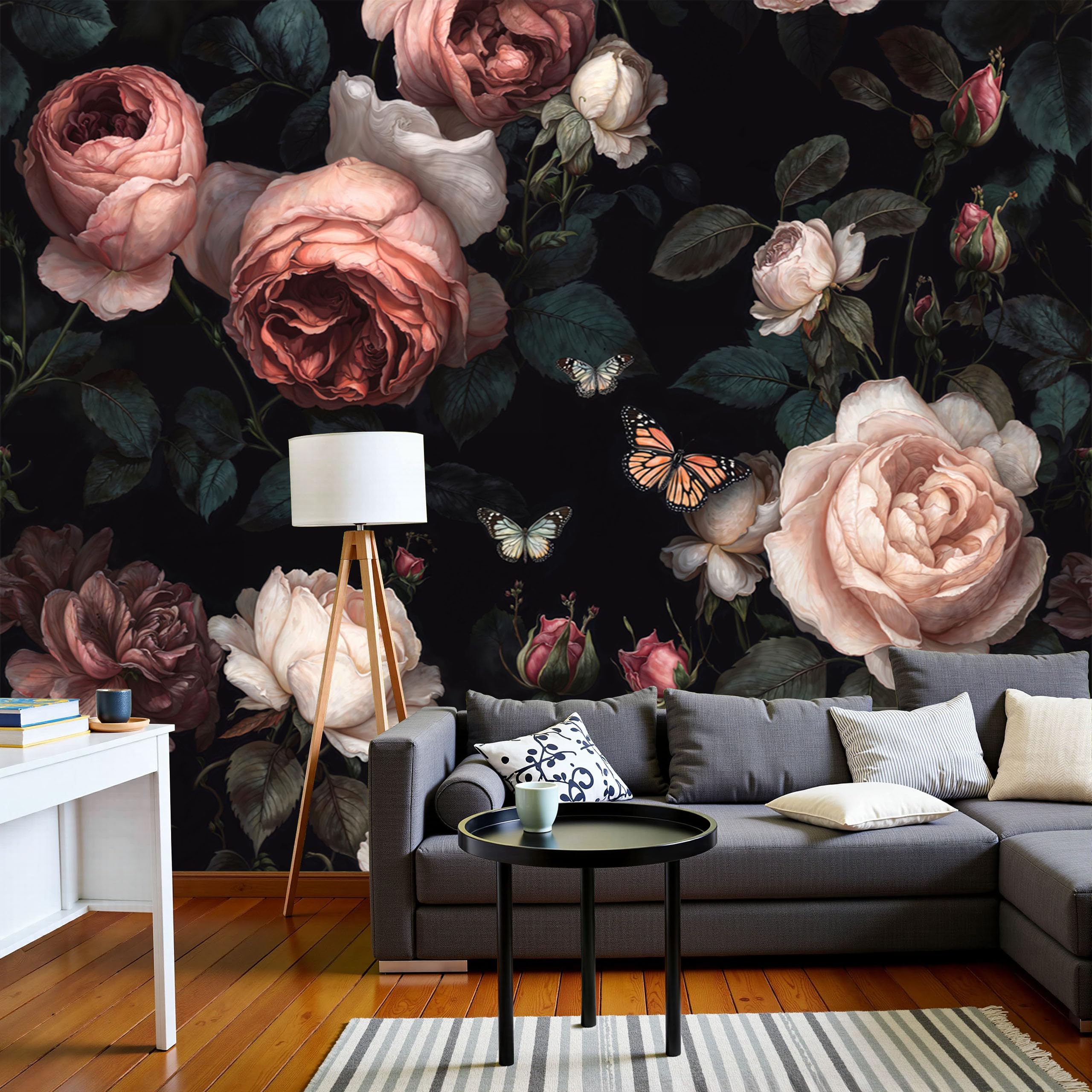 Fototapete Retro-Blumenmuster, 400x280cm Wandtapete, Seide Fotoposter Wandbild, Rosenfalter Wanddeko, für Schlafzimmer Wohnzimmer Kinderzimmer, Panorama 3D Effekt Dunkelgrün