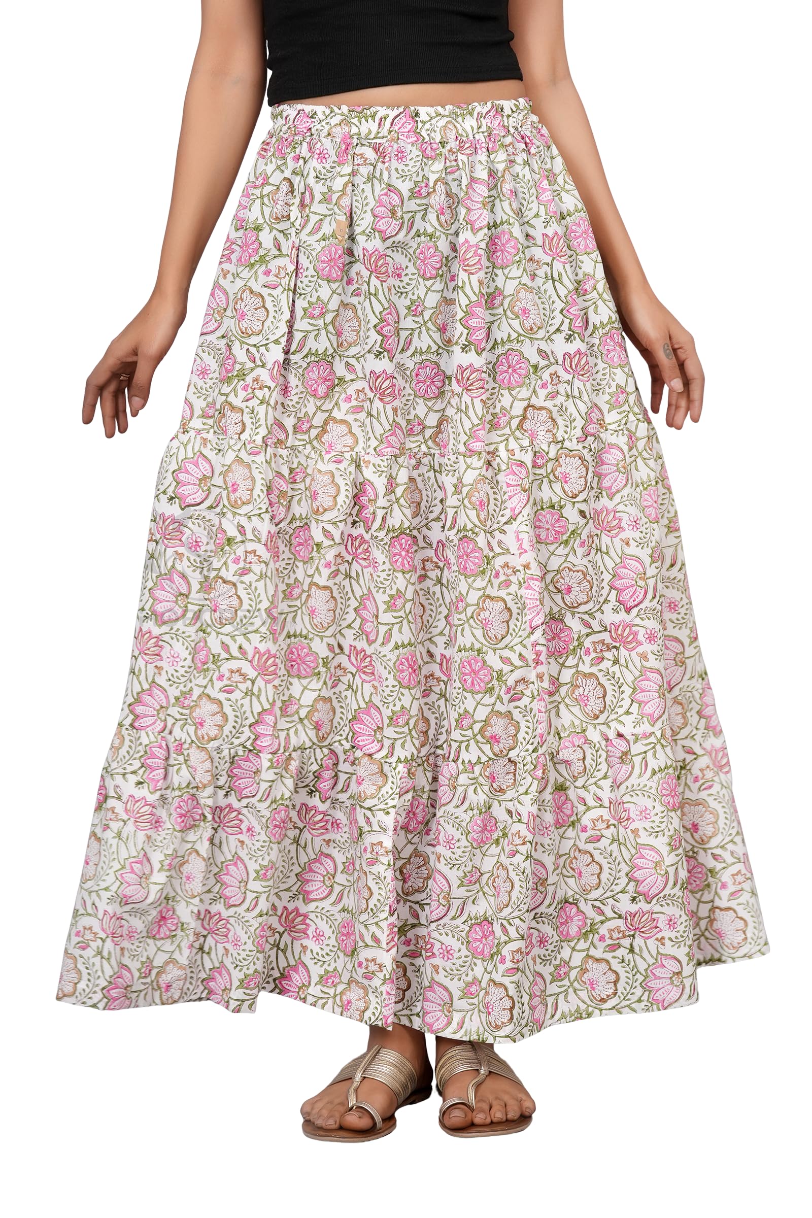 Women White & Pink Floral Block Printed Maxi Skirt with Elastic Waist, Flowy Casual Summer Skirt-picture-10