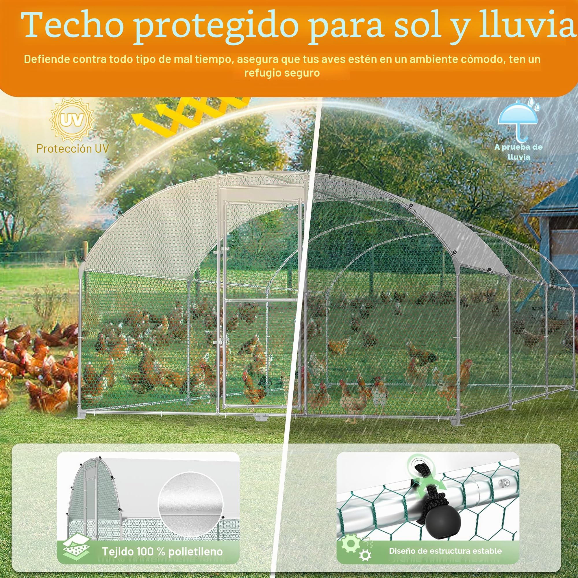 HENGMEI Gallinero 300x200x200cm Acero galvanizado Jaula para gallinas con techo de PE Exterior