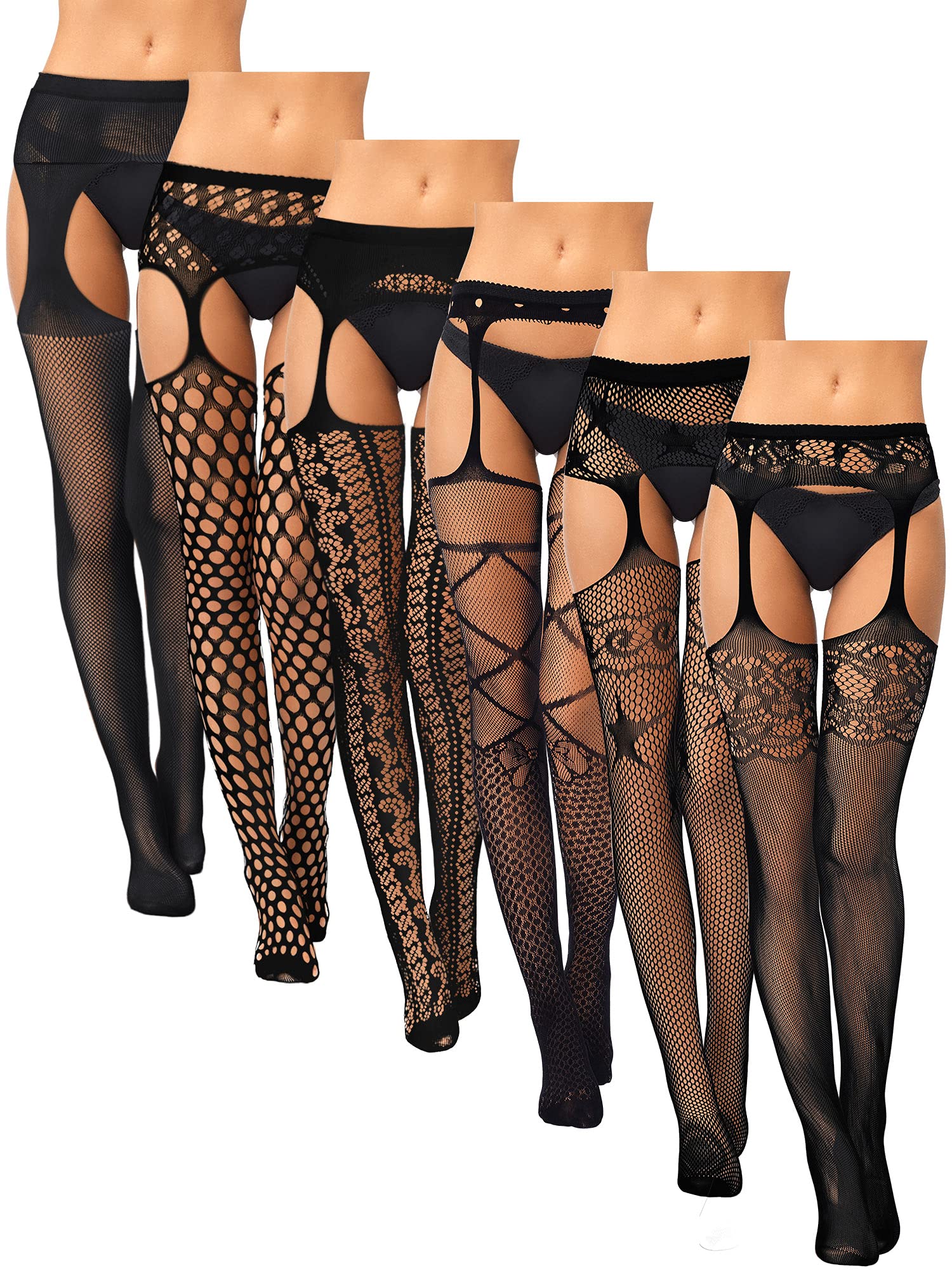6 Pairs Women Fishnet Stockings Lace Fishnet Tights Hollow Floral Suspender Pantyhose (Plaid Simple Style, X-Large)