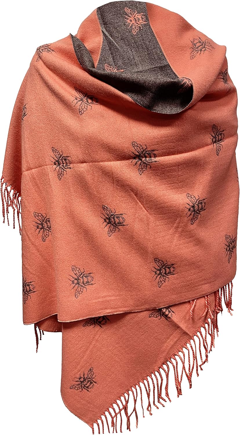 PEACH GREY BUMBLE BEES SUPER SOFT SCARF WITH BEAUTIFUL TASSELS REVERS ABLE SOFT AND WARM SCARF, Yellow