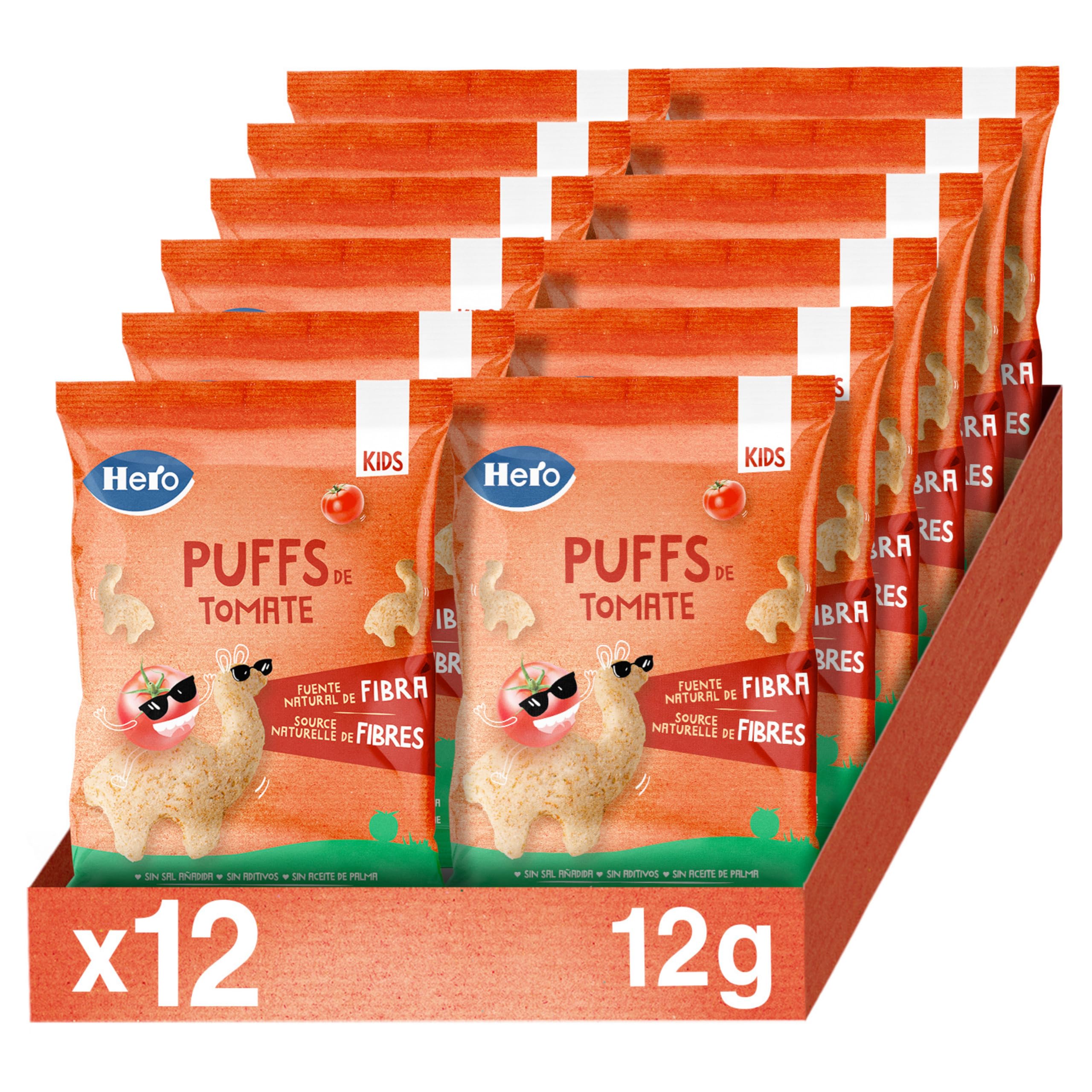 Hero Kids - Puff Snack de tomate, ingredientes 100% naturales, fuente natural de fibra, sin sal añadida, sin aceite de palma, sin aditivos, snack para niños, paquete de 12 x 12 g