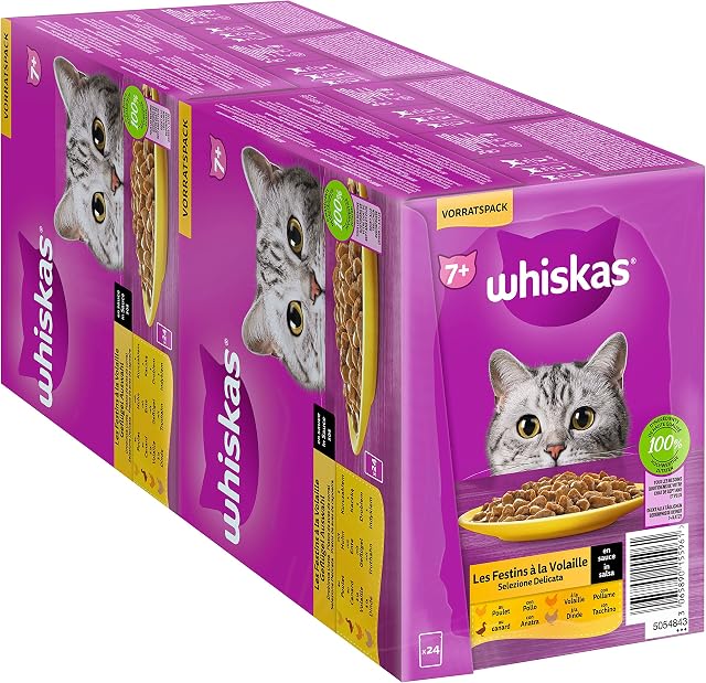 Whiskas 7+ karma dla kotów, drób w sosie, 24 x 85 g (2 opakowania)  wysokiej jakości mokra karma od 7 roku życia w 48 workach porcjowanych