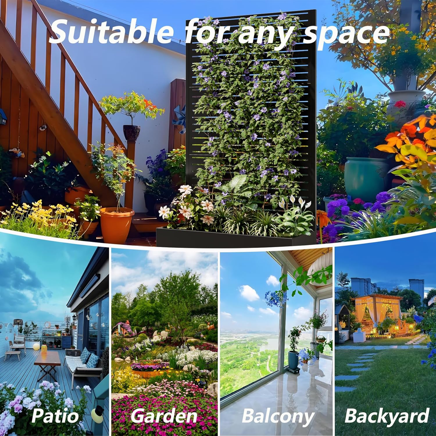 Metal Planter Box with Trellis, Galvanized Steel Outdoor Raised Garden Bed with Privacy Screen with 4 wheelsTrellis, with Drainage Holes & Lockable Casters (Square)
