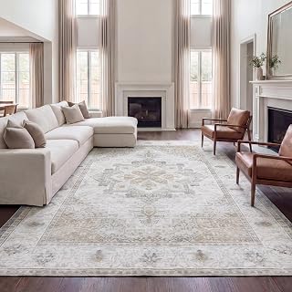 JONATHAN Y Ultra-Soft Machine-Washable Rug with Non-Skid Backing, Cream/Beige 4'x6' Eleanor Vintage Medallion Border, Non-Shedding, Velvet Luxury Feel for Living Room, Dining Room, Bedroom VOR100F-4
