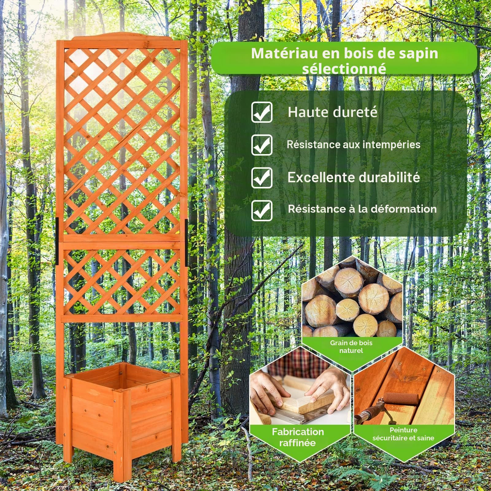 HOMASIS Jardinière avec treillis - 180 cm - Jardinière surélevée en bois avec treillis et trou de drainage - Parterre de fleurs pour plantes grimpantes, bac à fleurs pour balcon, jardin, terrasse,
