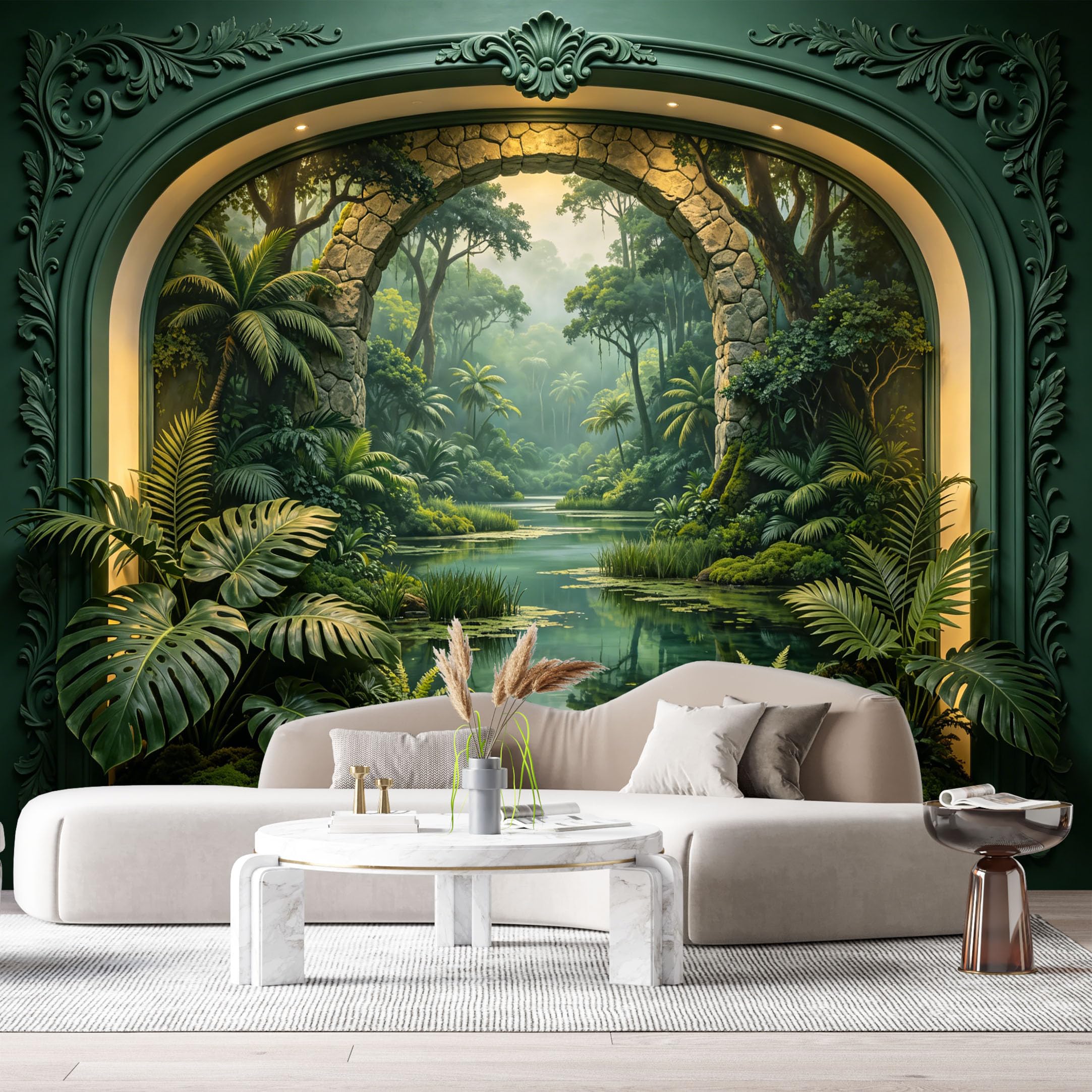 Custom Size Wall Murals Tropical Jungle River Stone Arch 3D Trompe L'Oeil SelfAdhesiveWall Fabric Removable Wallpaper Wall Decor for Living Room Bedroom Bathroom