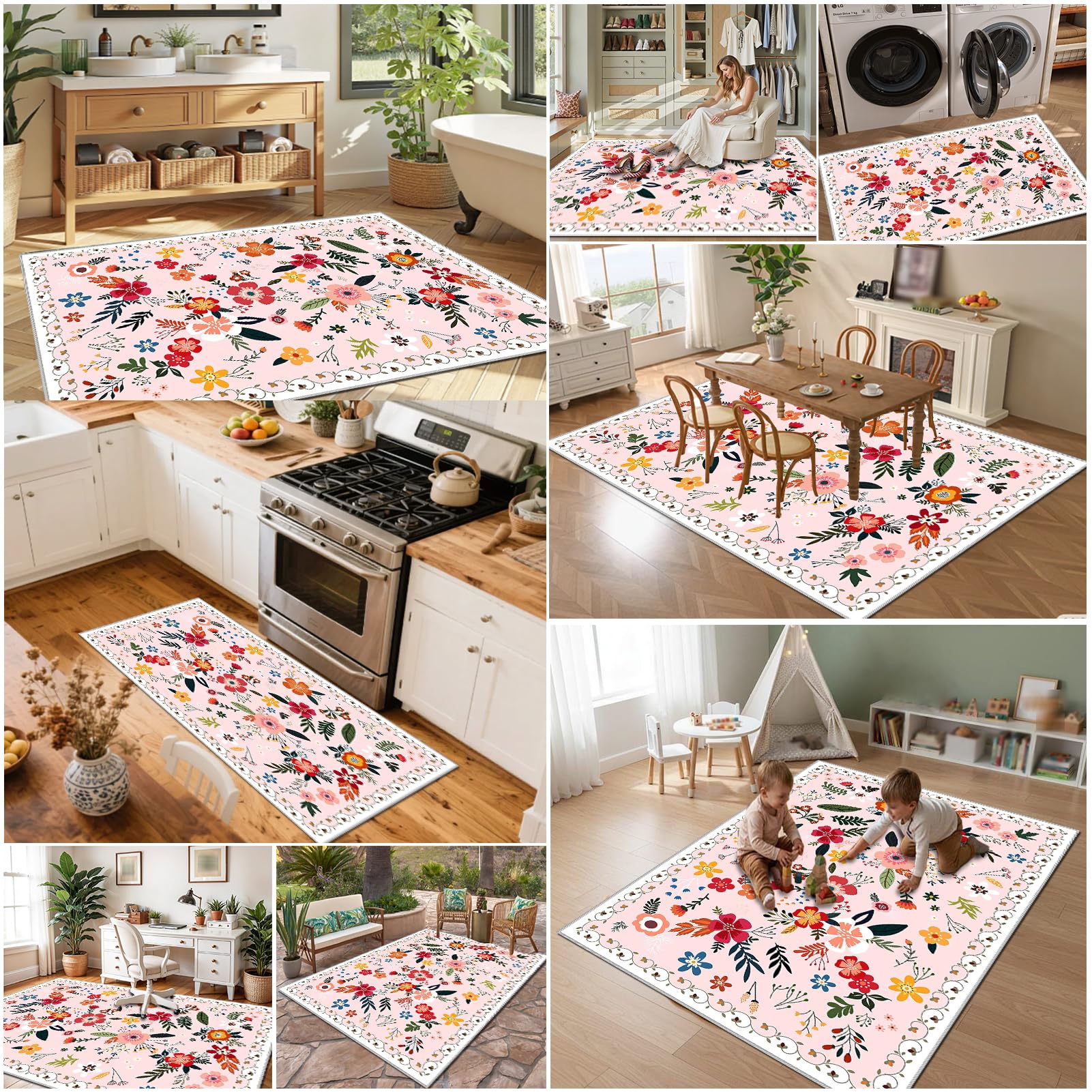 Dywan do salonu w stylu vintage, 140 x 190 cm dywaniki do sypialni, salonu, sypialni, kuchni, jadalni, duży dywan z krótkim włosiem, dywan do jadalni, antypoślizgowy zmywalny dywanik kuchenny