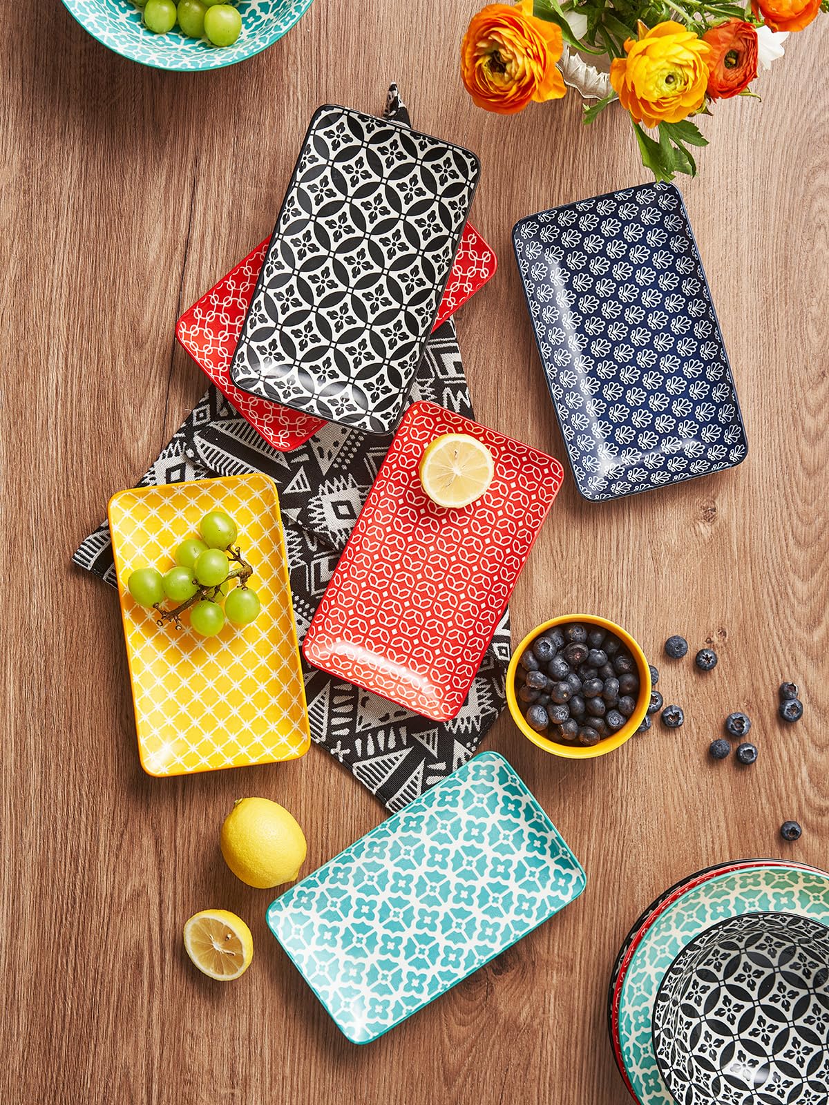 DOWAN Lot de 6 Plats de Service - Assiettes à Dessert en Porcelaine de 20,5 cm - pour apéritif, sushi, fruits, salade, gâteau - Passent au Micro-ondes/Four/Lave-vaisselle - Multicolore