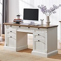 OKD 60" Farmhouse Executive Desk with Charging Station, Keyboard Tray, File Cabinet - Antique White Home Office Computer Desk